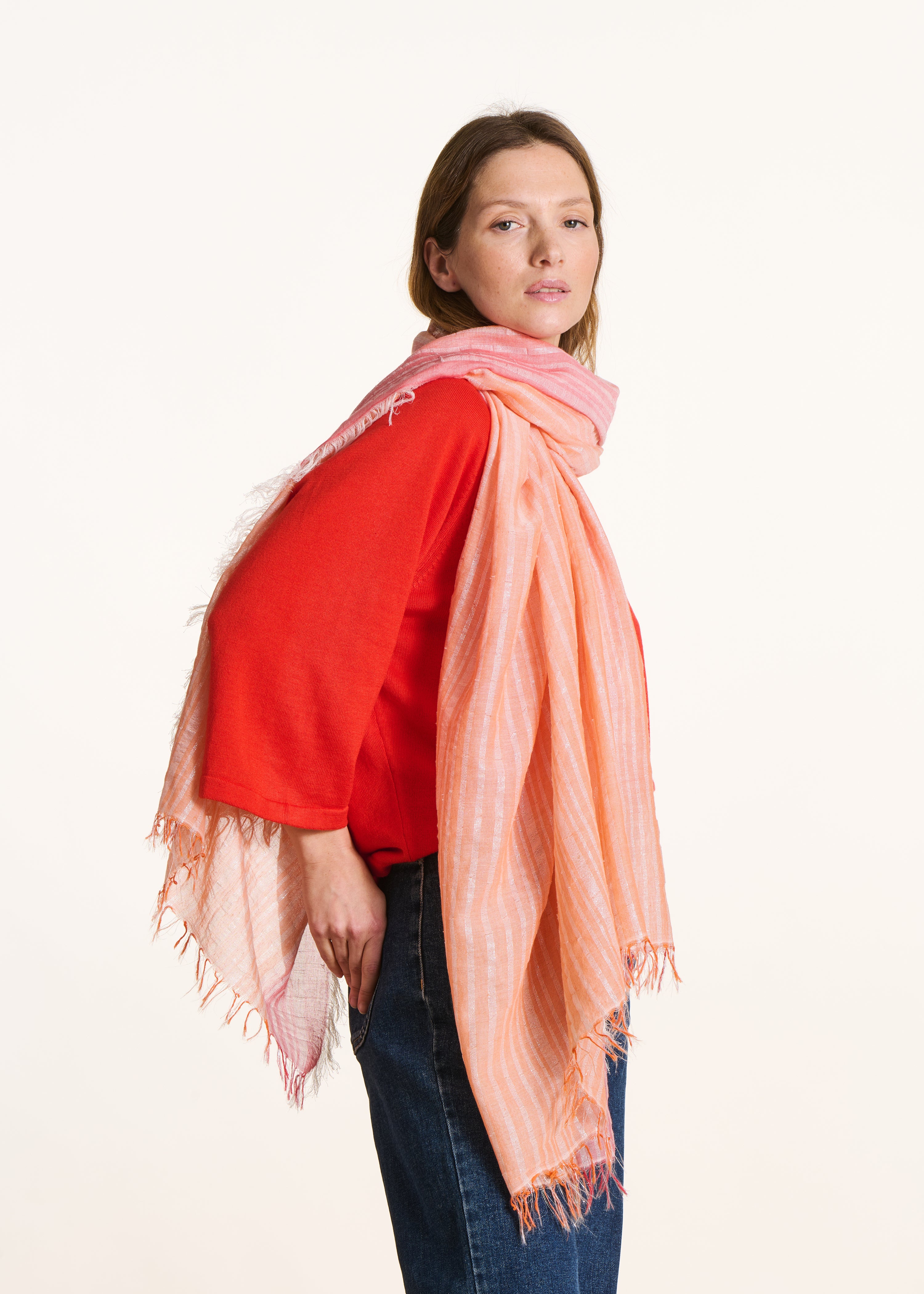 Orange cotton scarf with lurex stripes