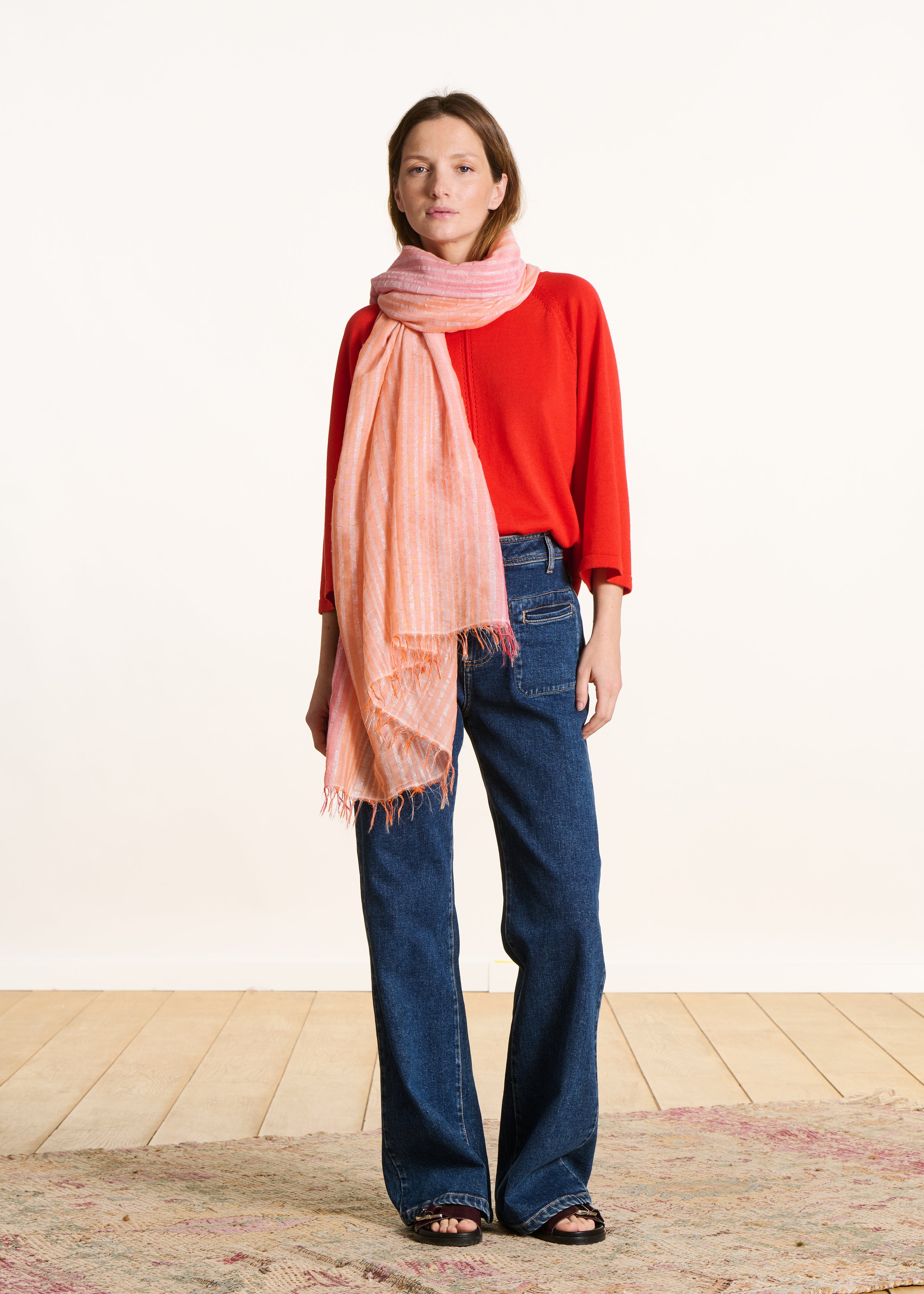 Orange cotton scarf with lurex stripes