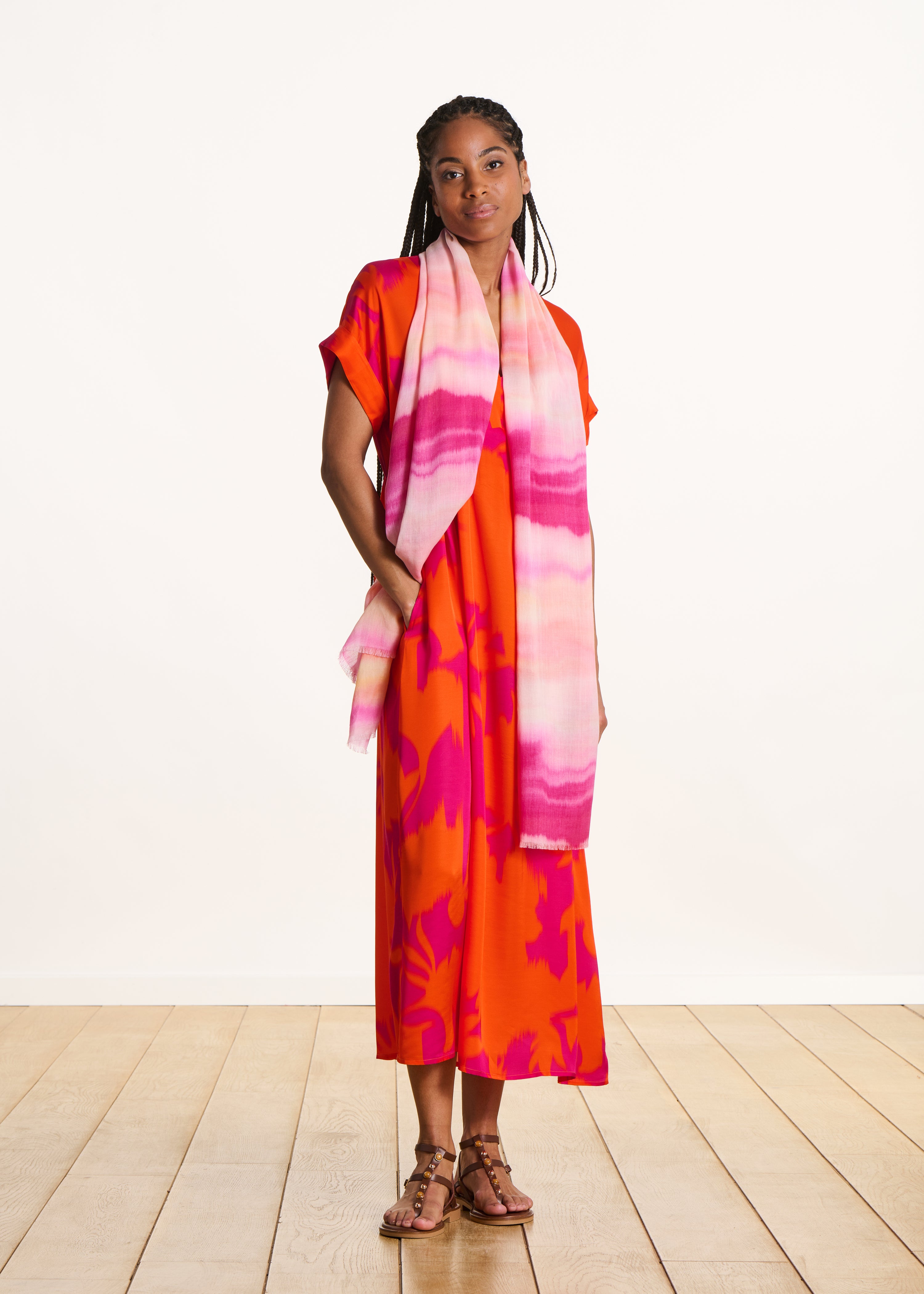 Foulard rose à rayures imprimé tie & dye en coton et modal