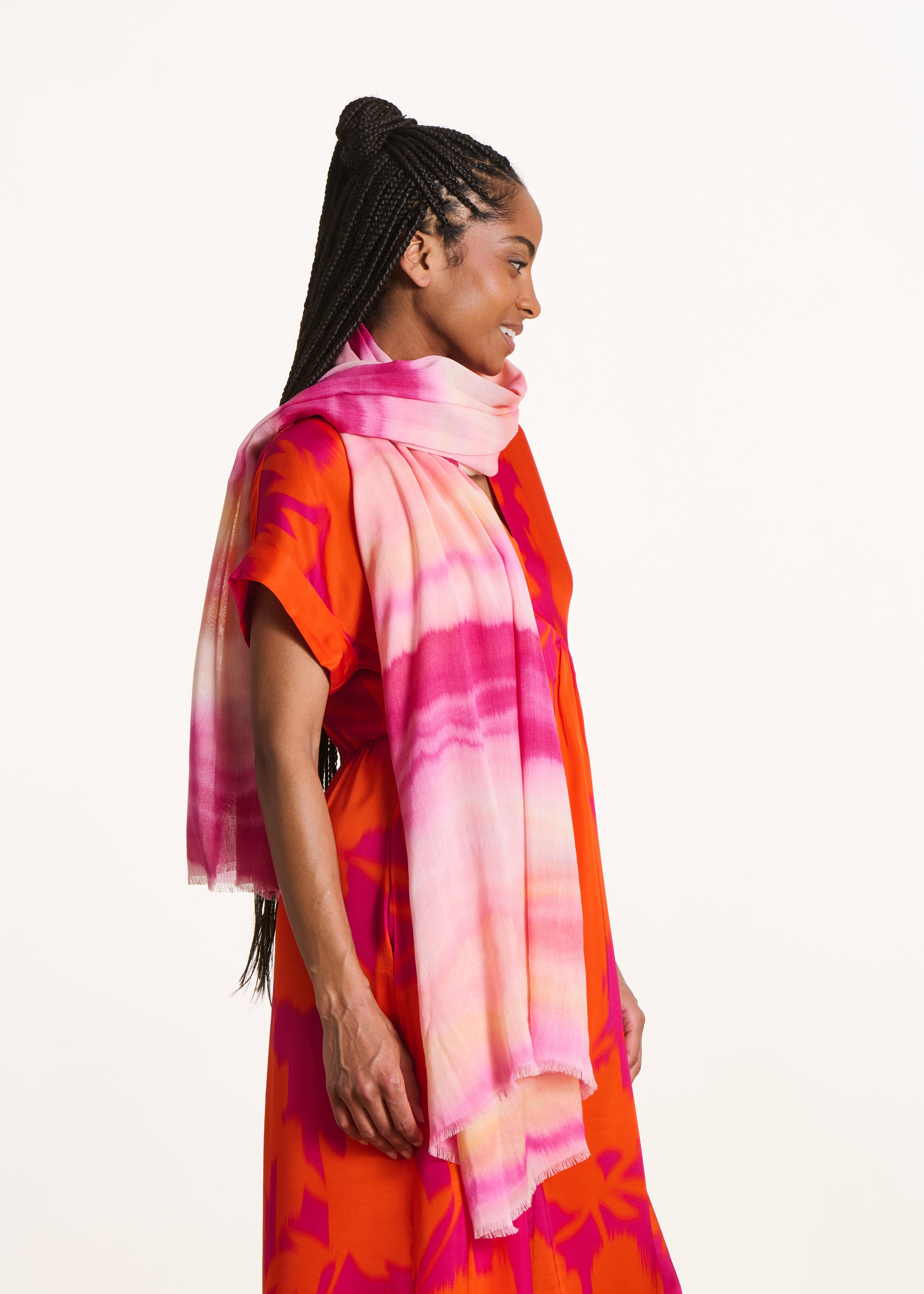 Pink striped tie-dye printed scarf in cotton and modal