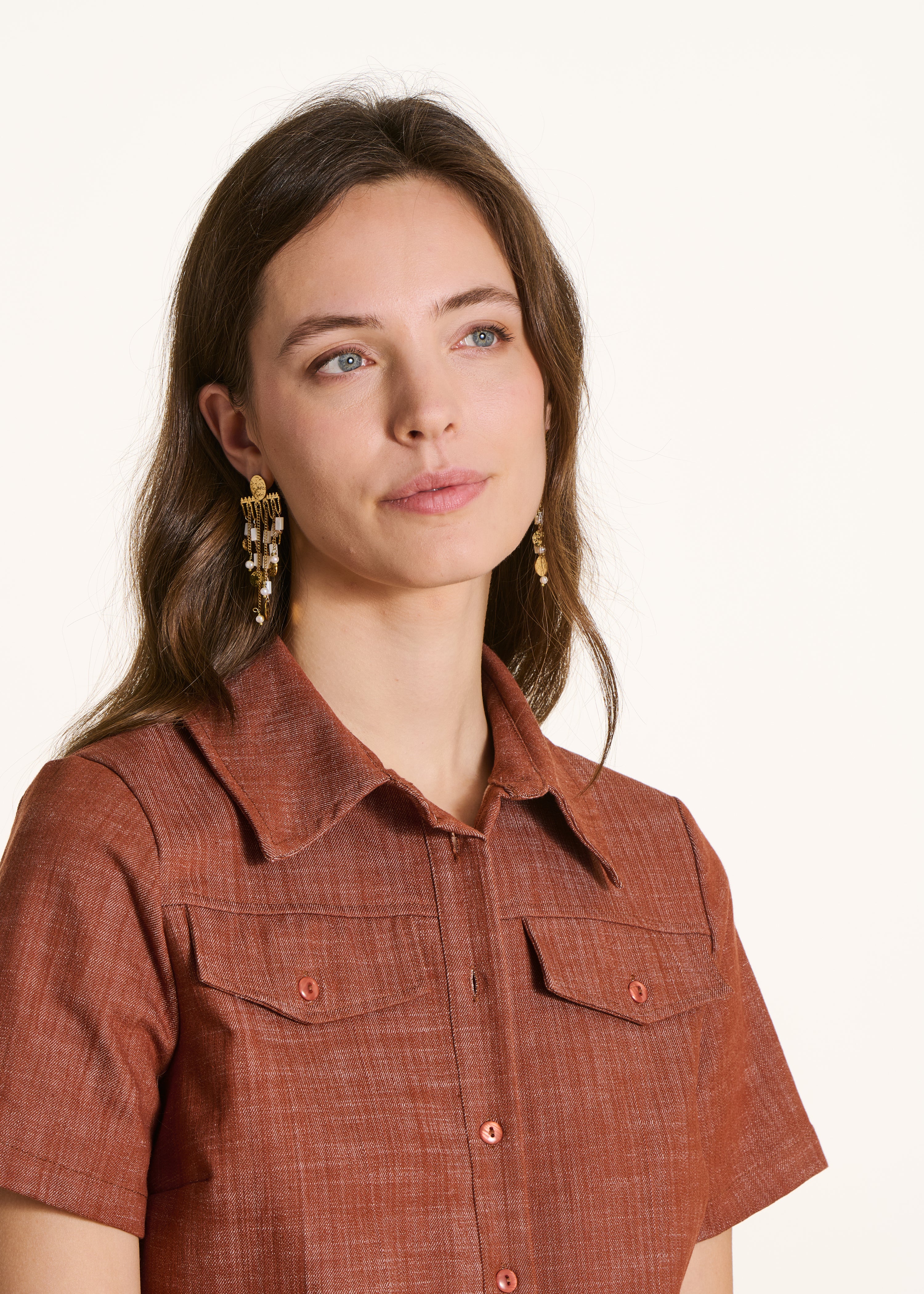Terracotta denim shirt with short sleeves
