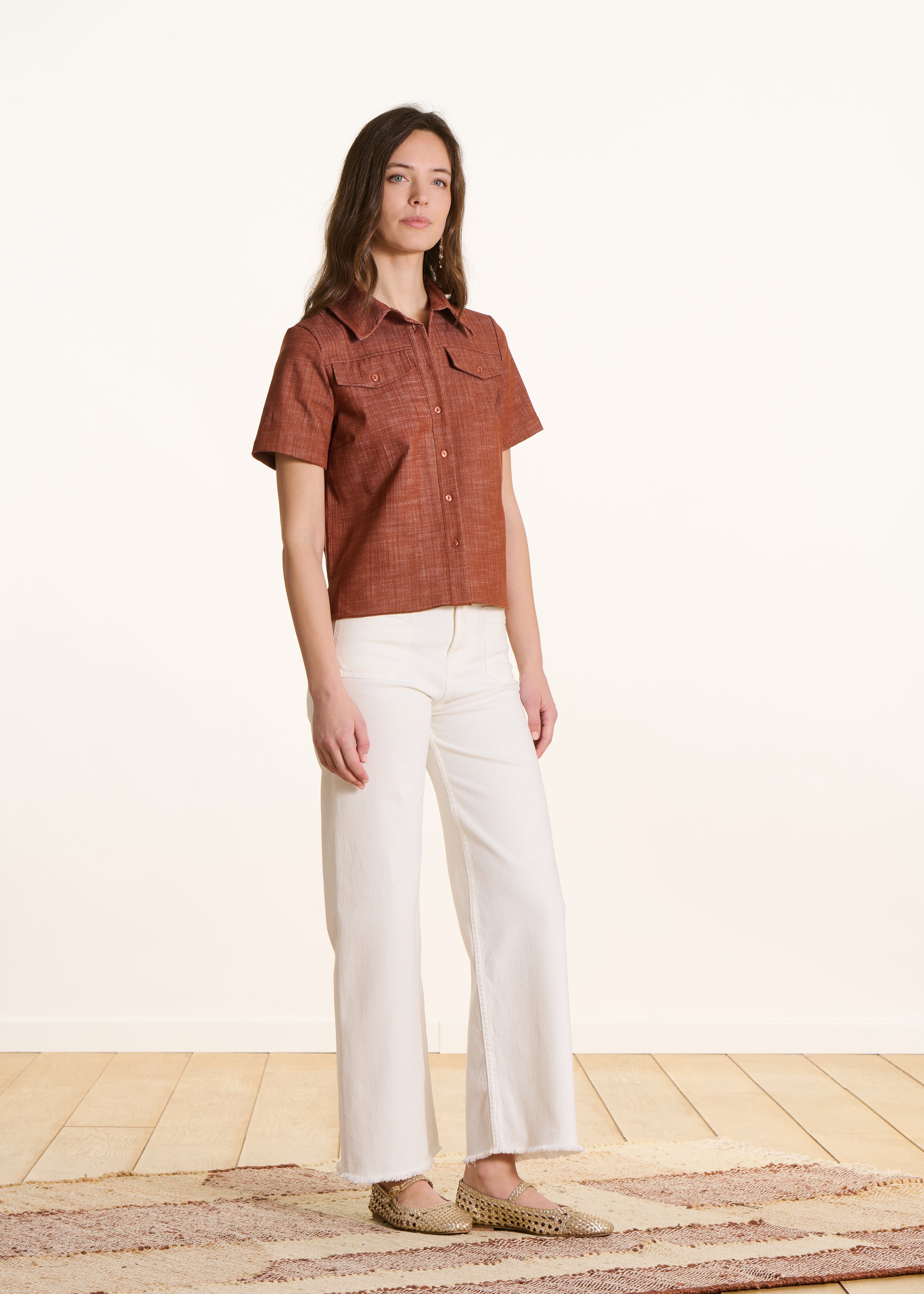 Terracotta denim shirt with short sleeves