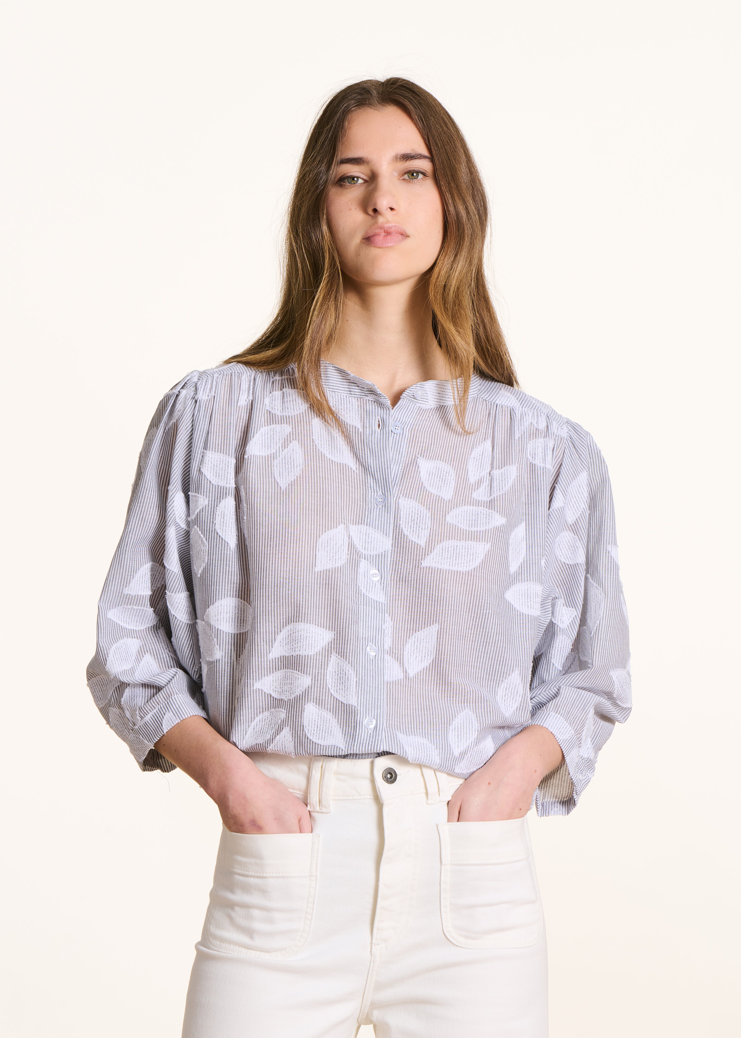 Blue floral cotton blouse with 3/4 sleeves