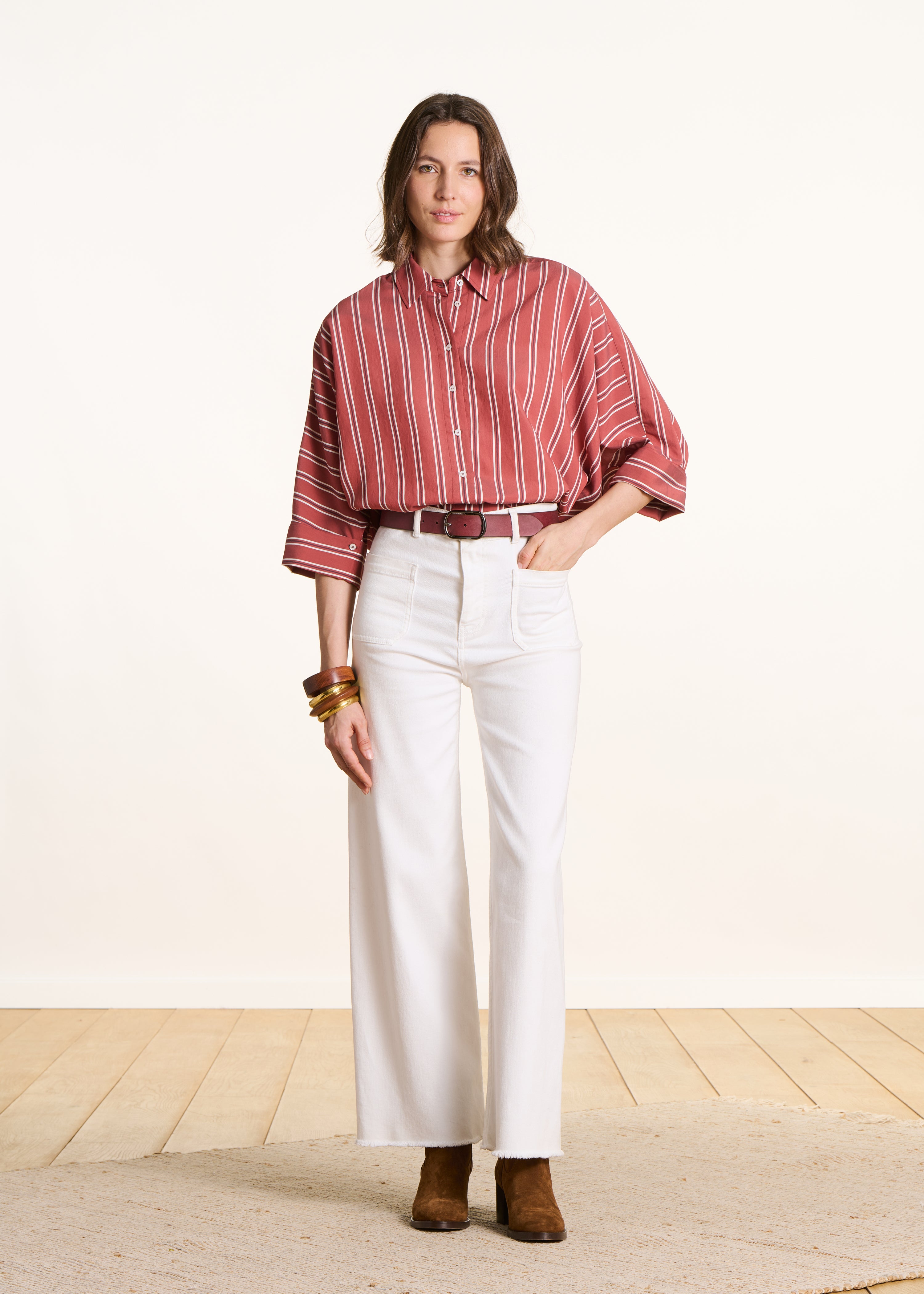 Red oversized striped poplin shirt