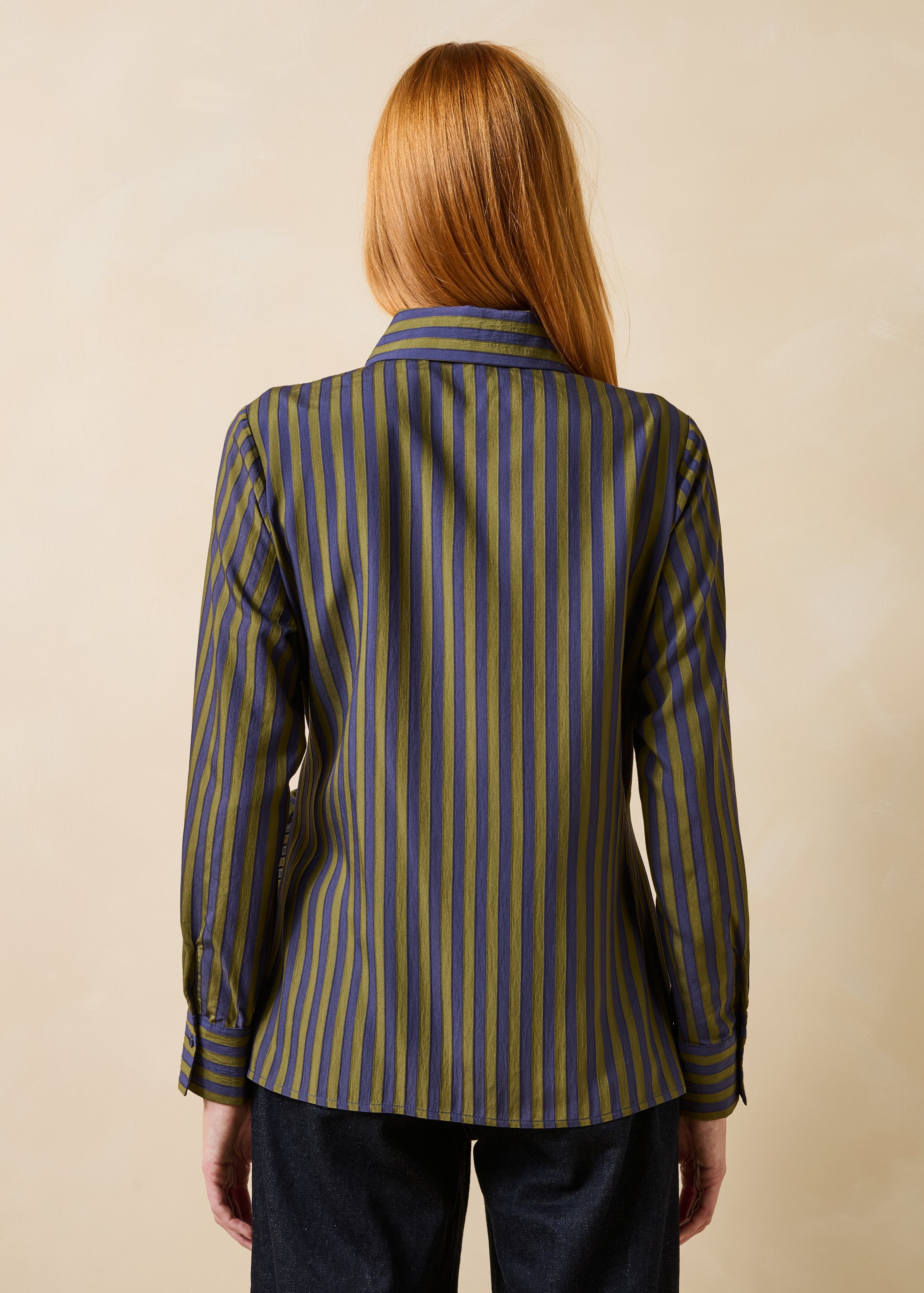 Camicia kaki e blu a righe maniche lunghe