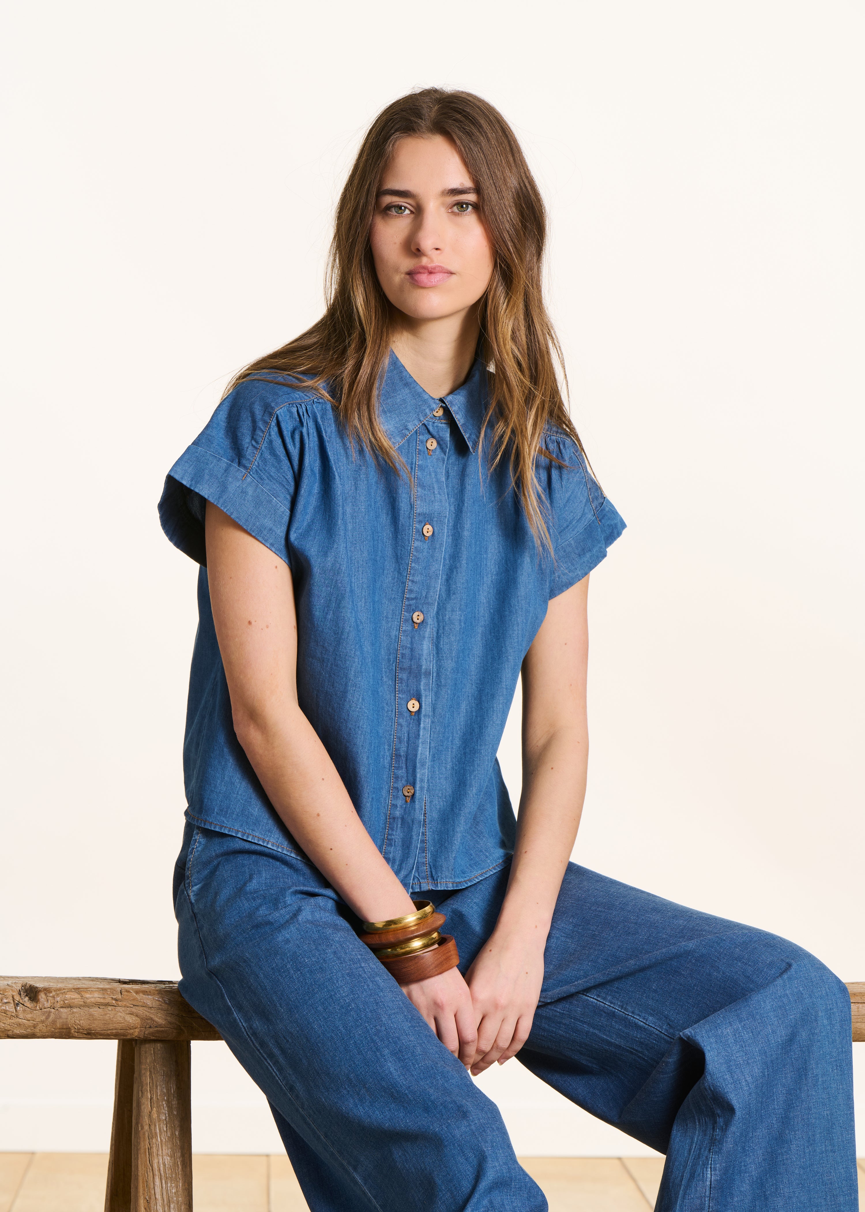 Camicia corta in jeans morbido maniche corte