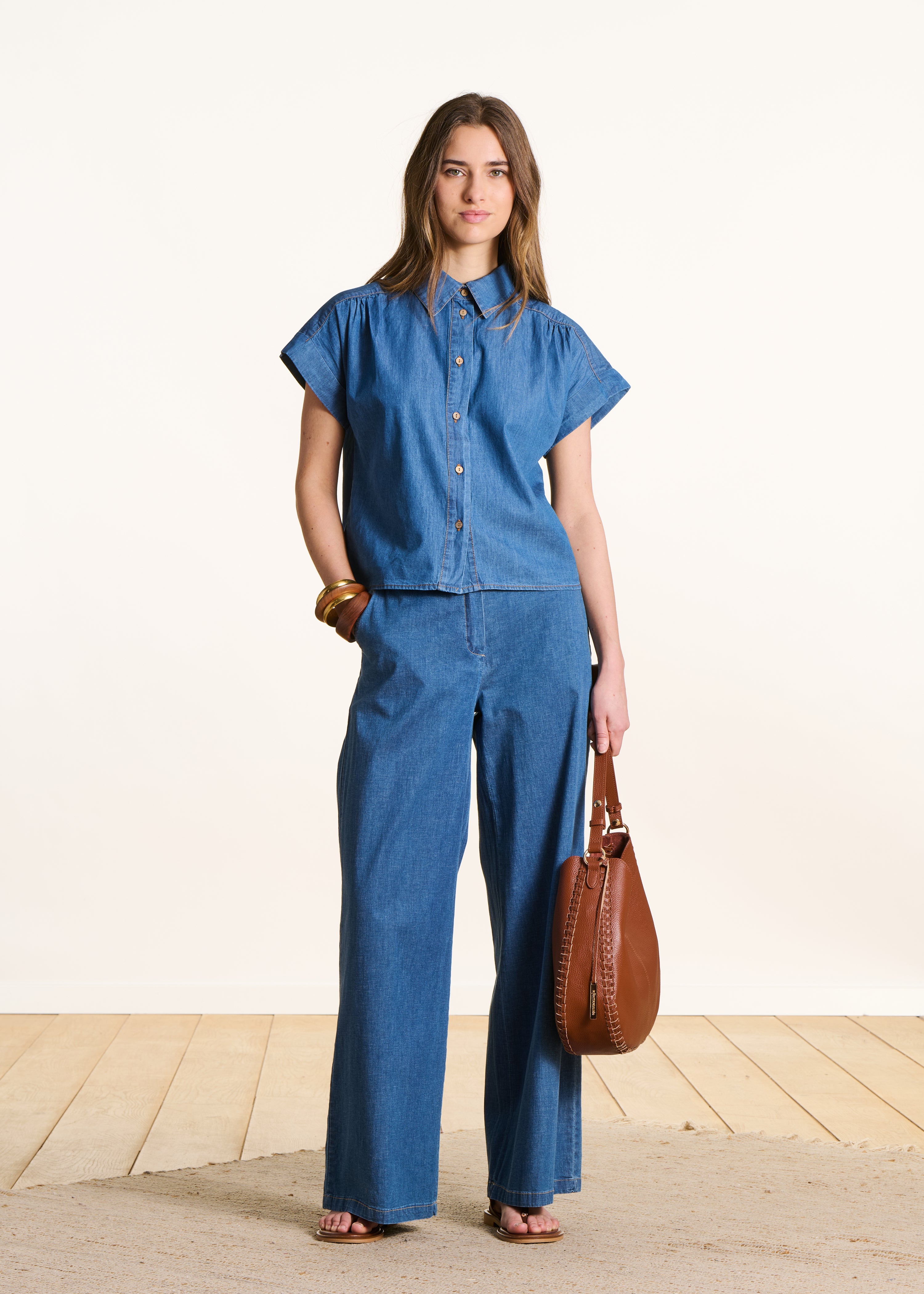 Camicia corta in jeans morbido maniche corte