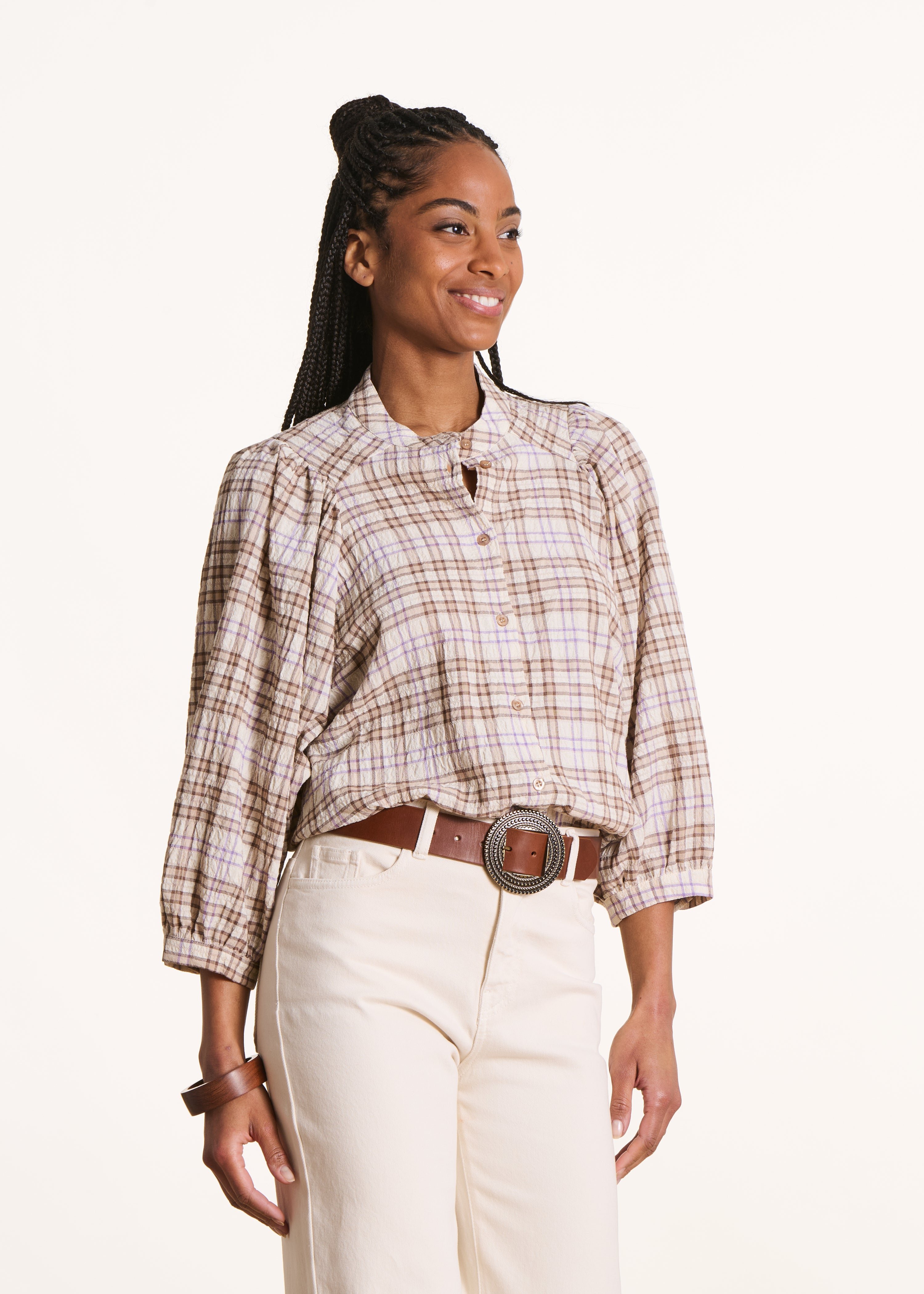 Chemise ample écrue à carreaux