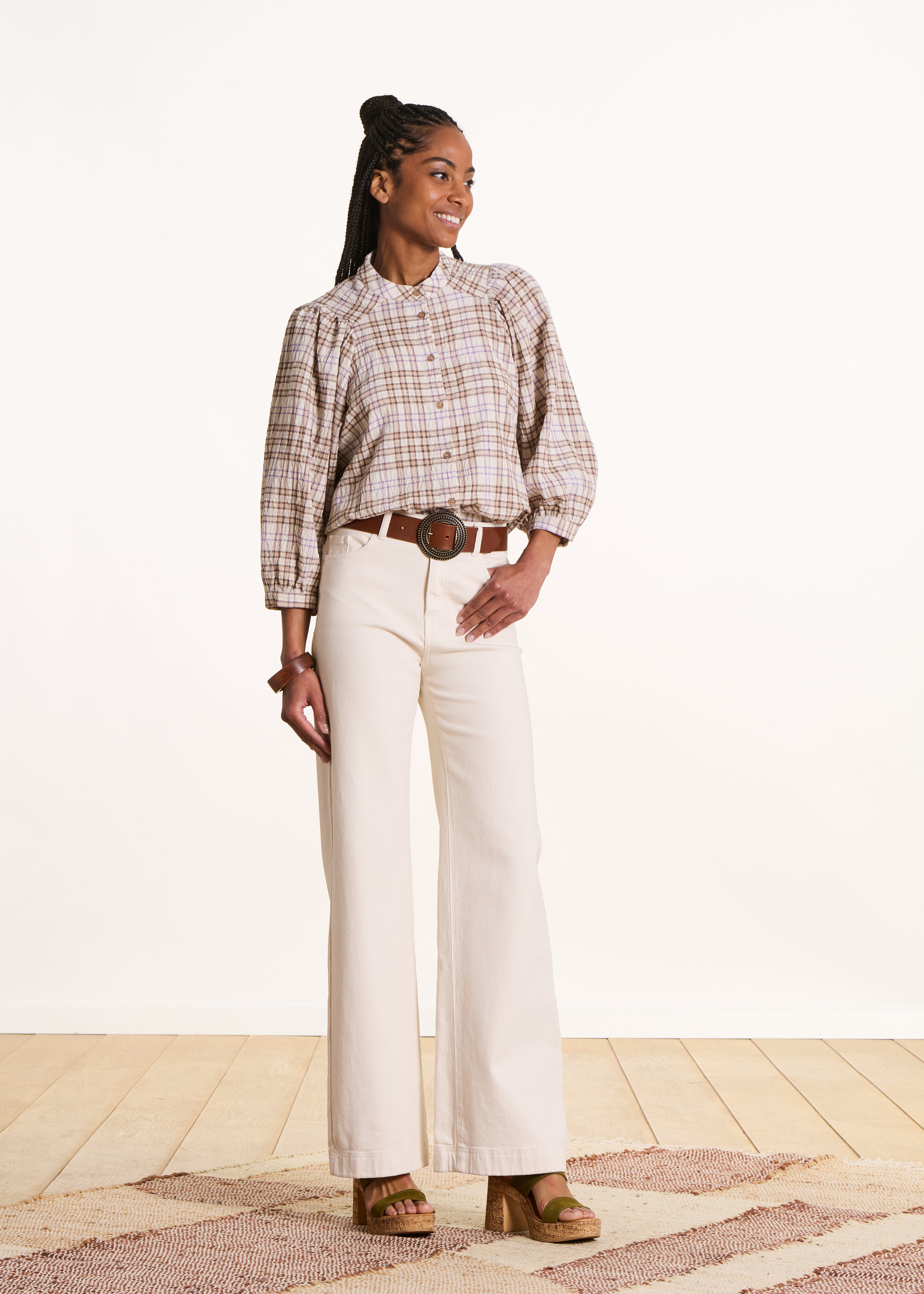Chemise ample écrue à carreaux