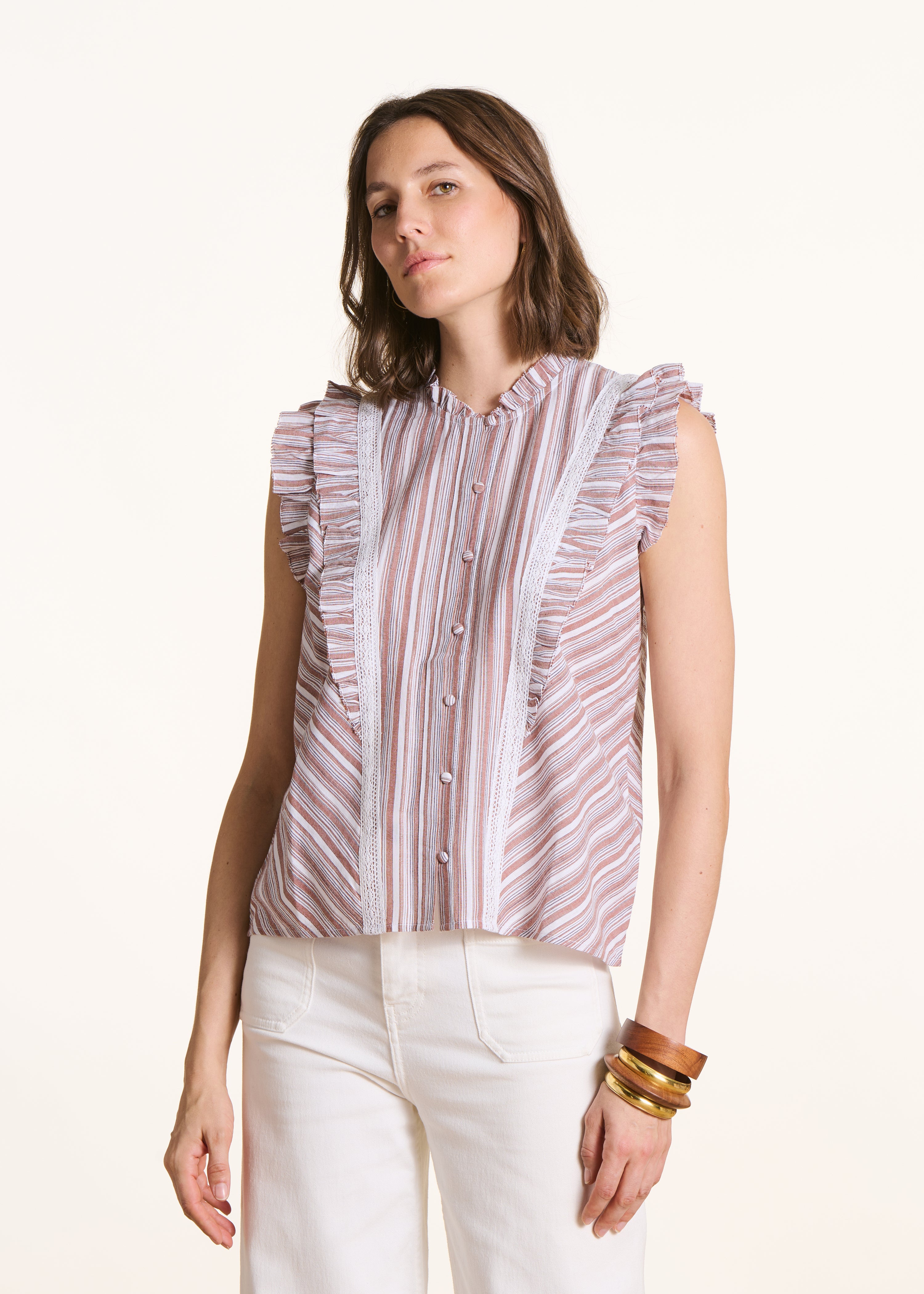 Chemise à rayures blanc et marron sans manches