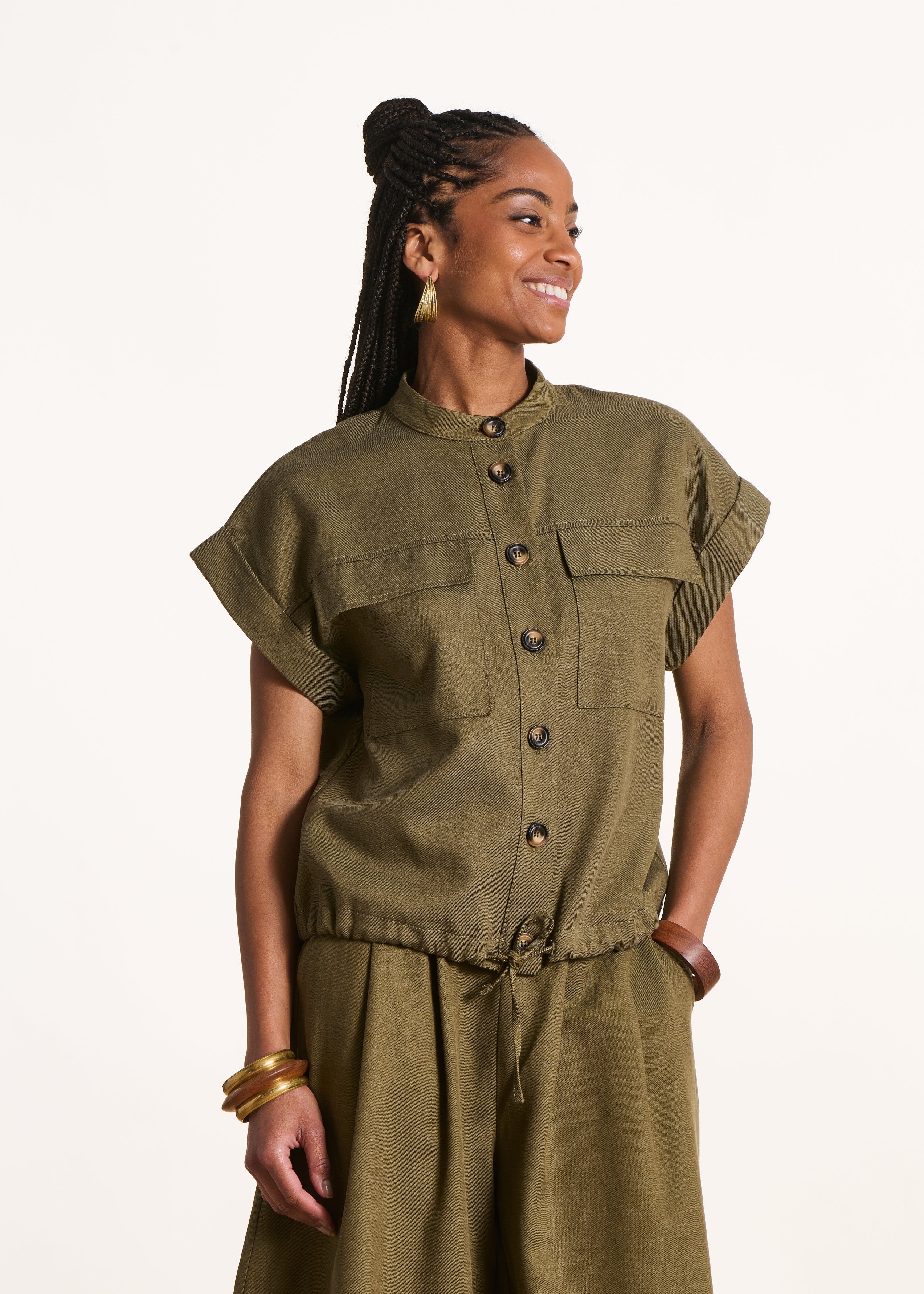 Camicia fluida kaki maniche corte