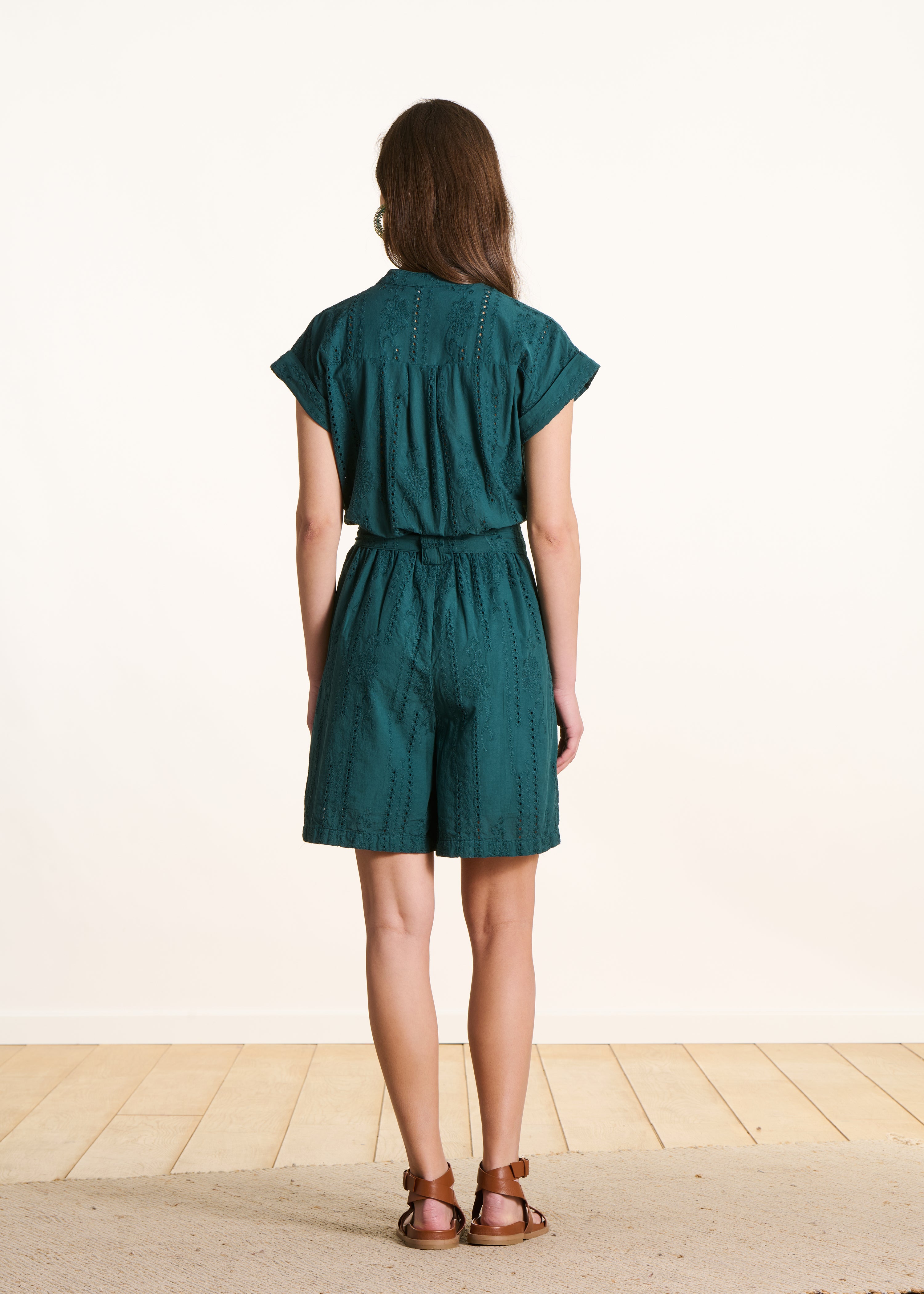 Dark green embroidered cotton playsuit