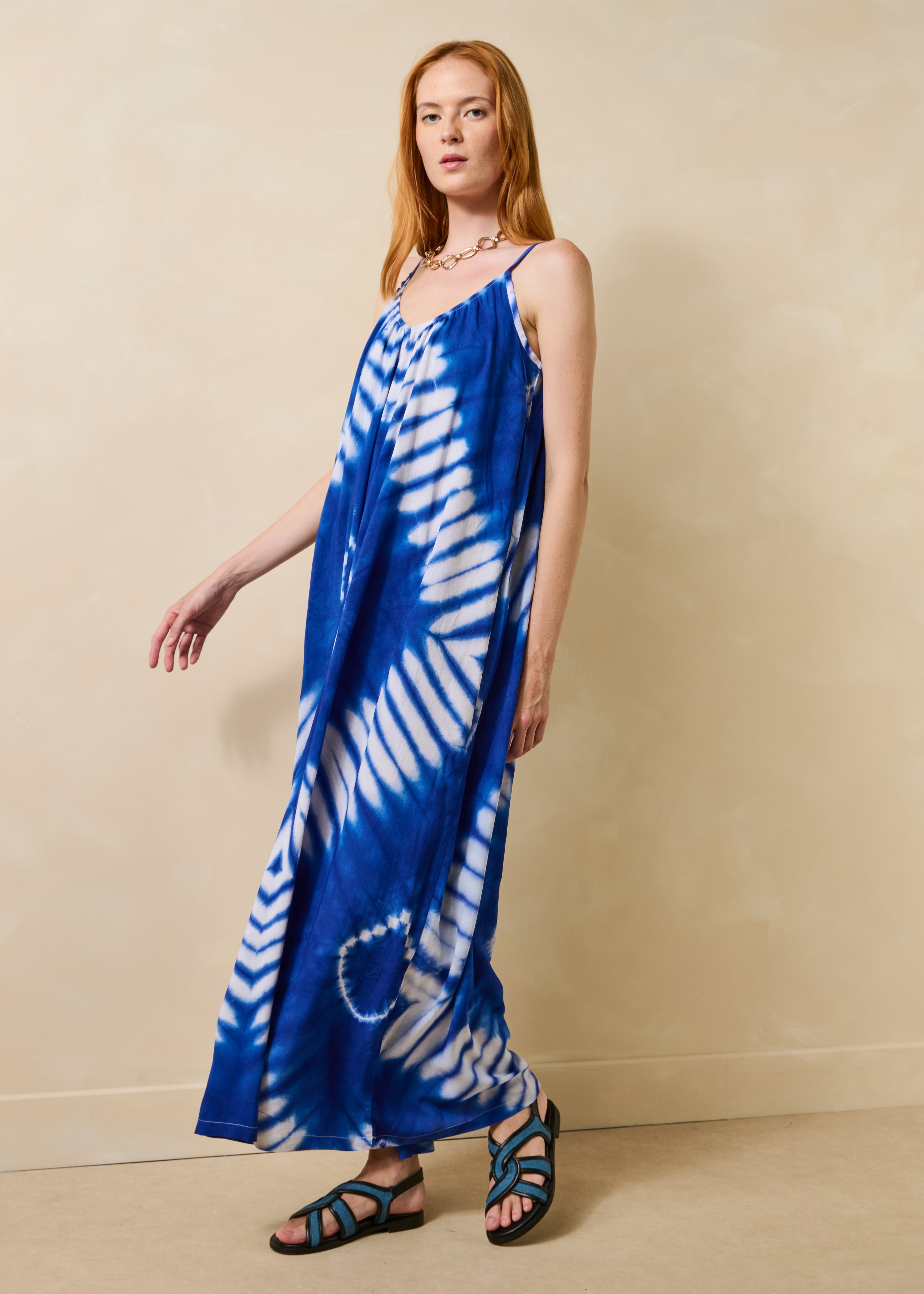 Loose blue printed strap jumpsuit