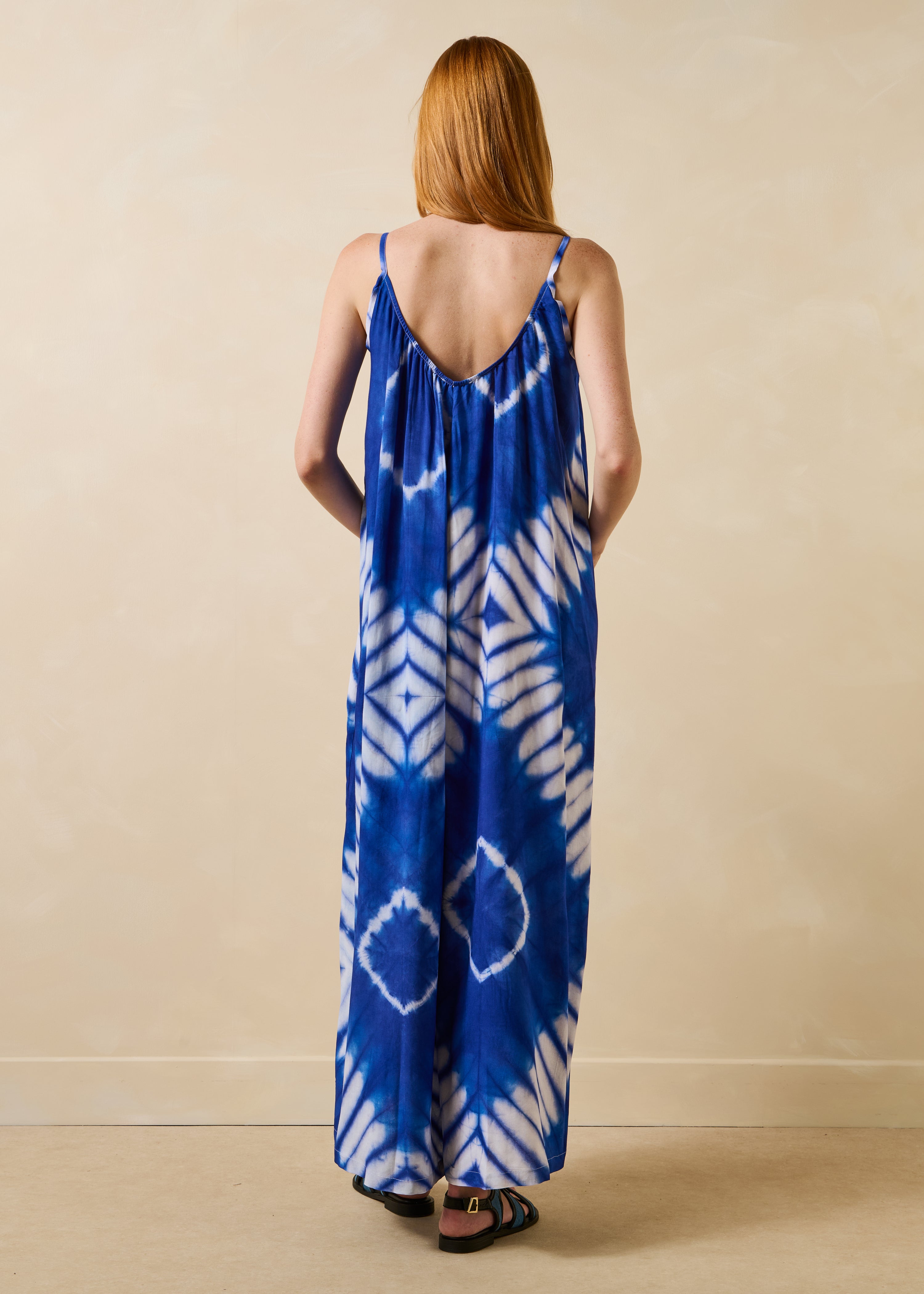 Loose blue printed strap jumpsuit