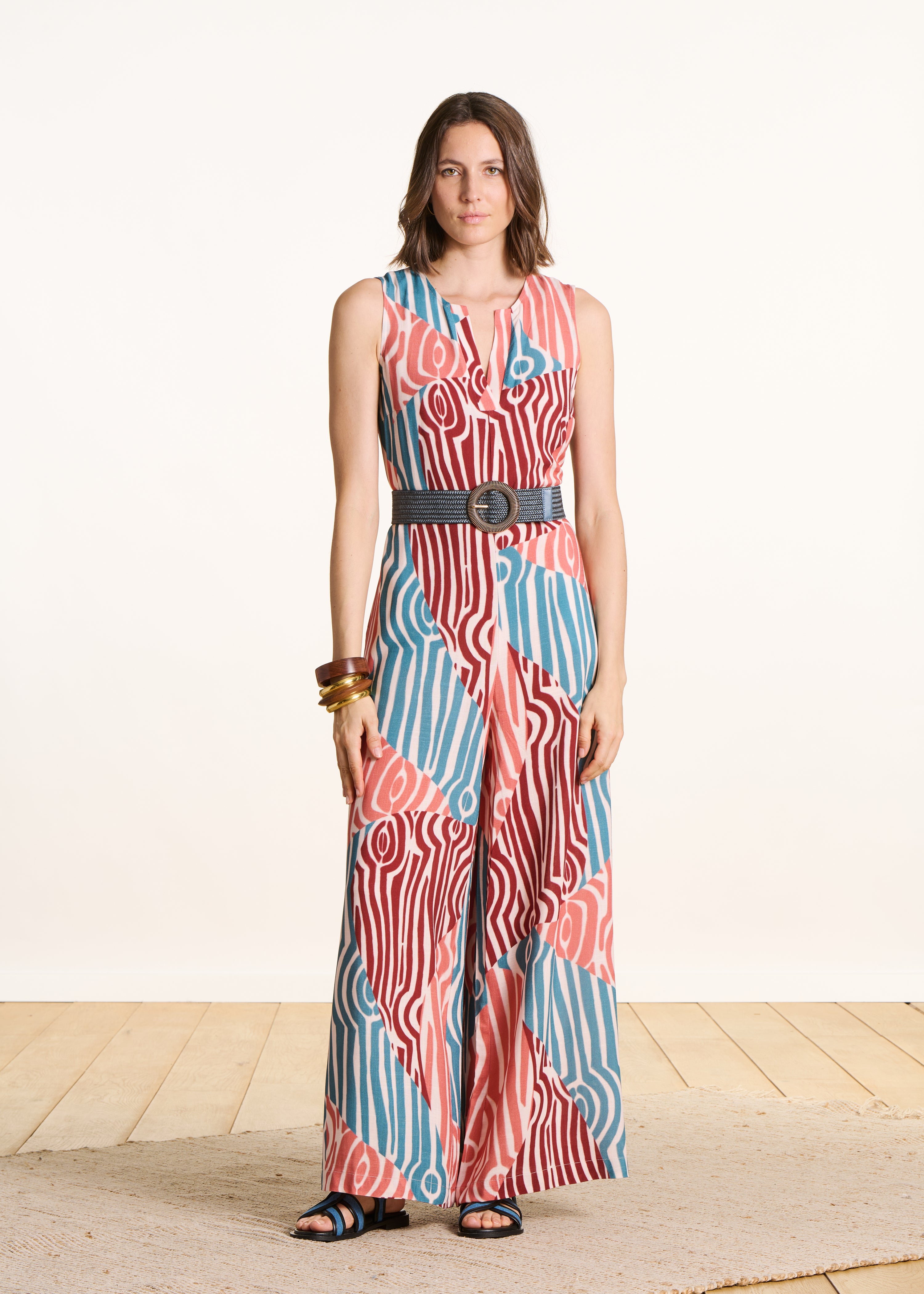 Brown and blue fluid jumpsuit with print