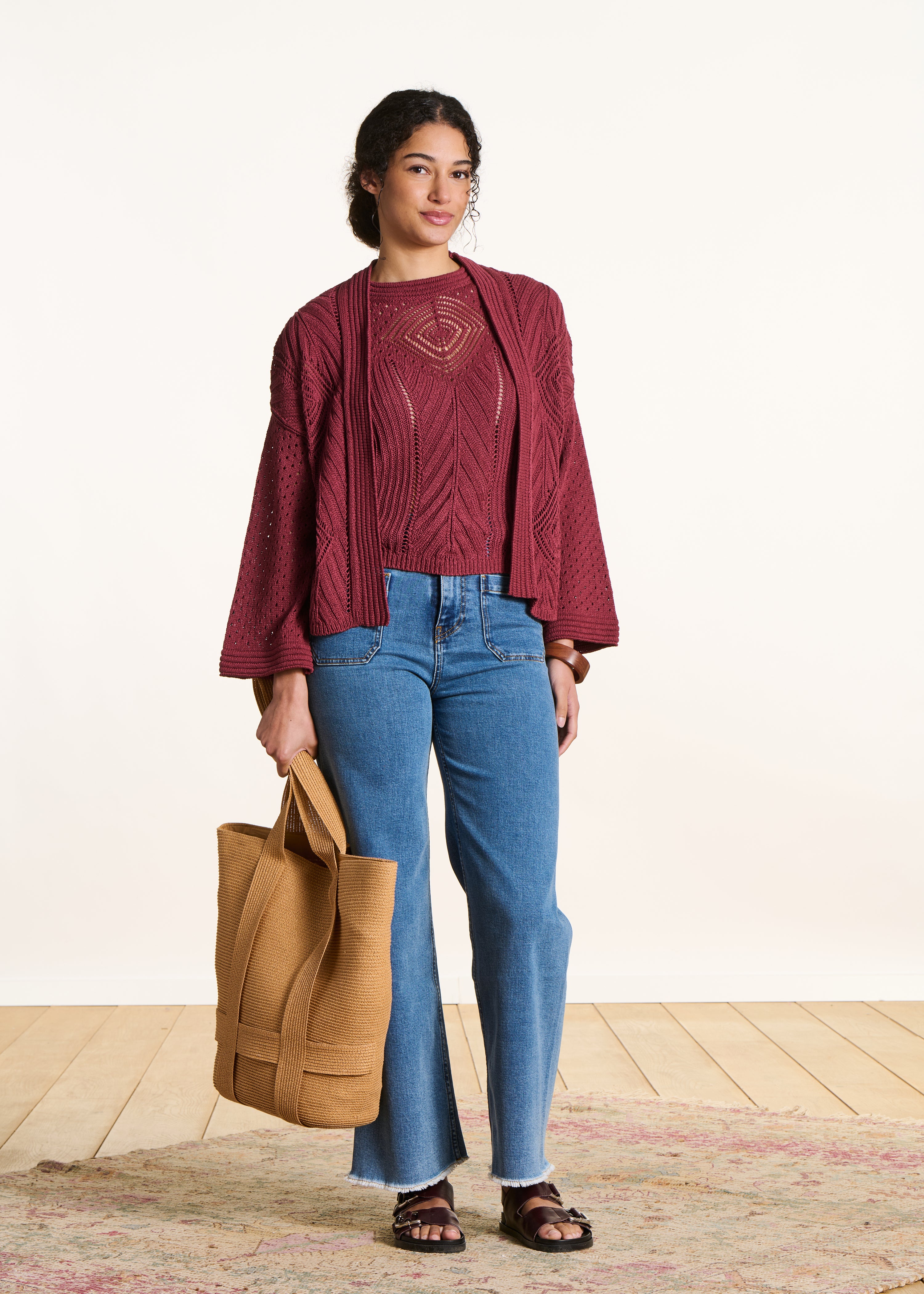 Gilet terracotta ouvert en maille crochet ajourée