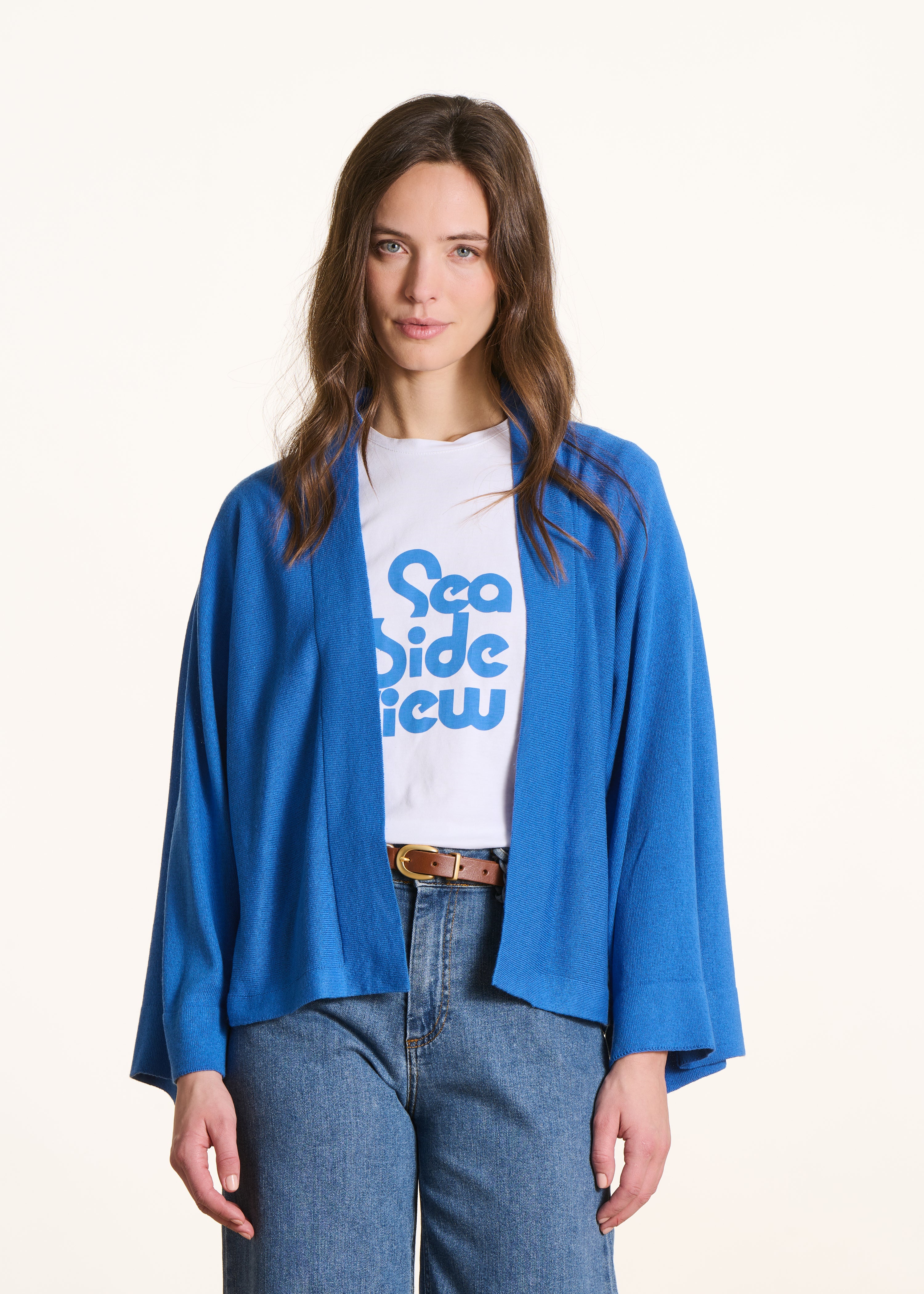 Gilet ouvert bleu ample maille souple