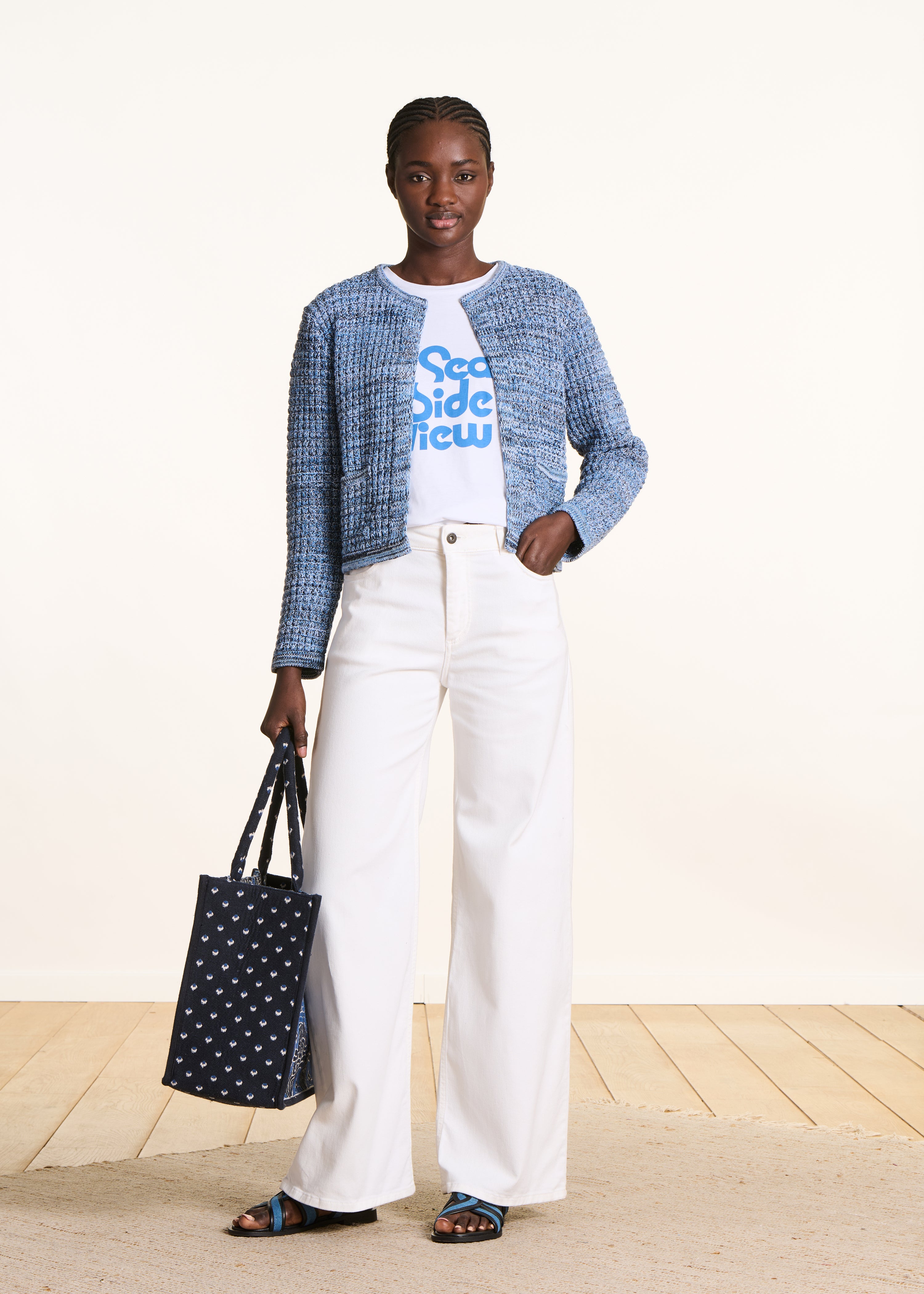 Gilet blu aperto in maglia mélange