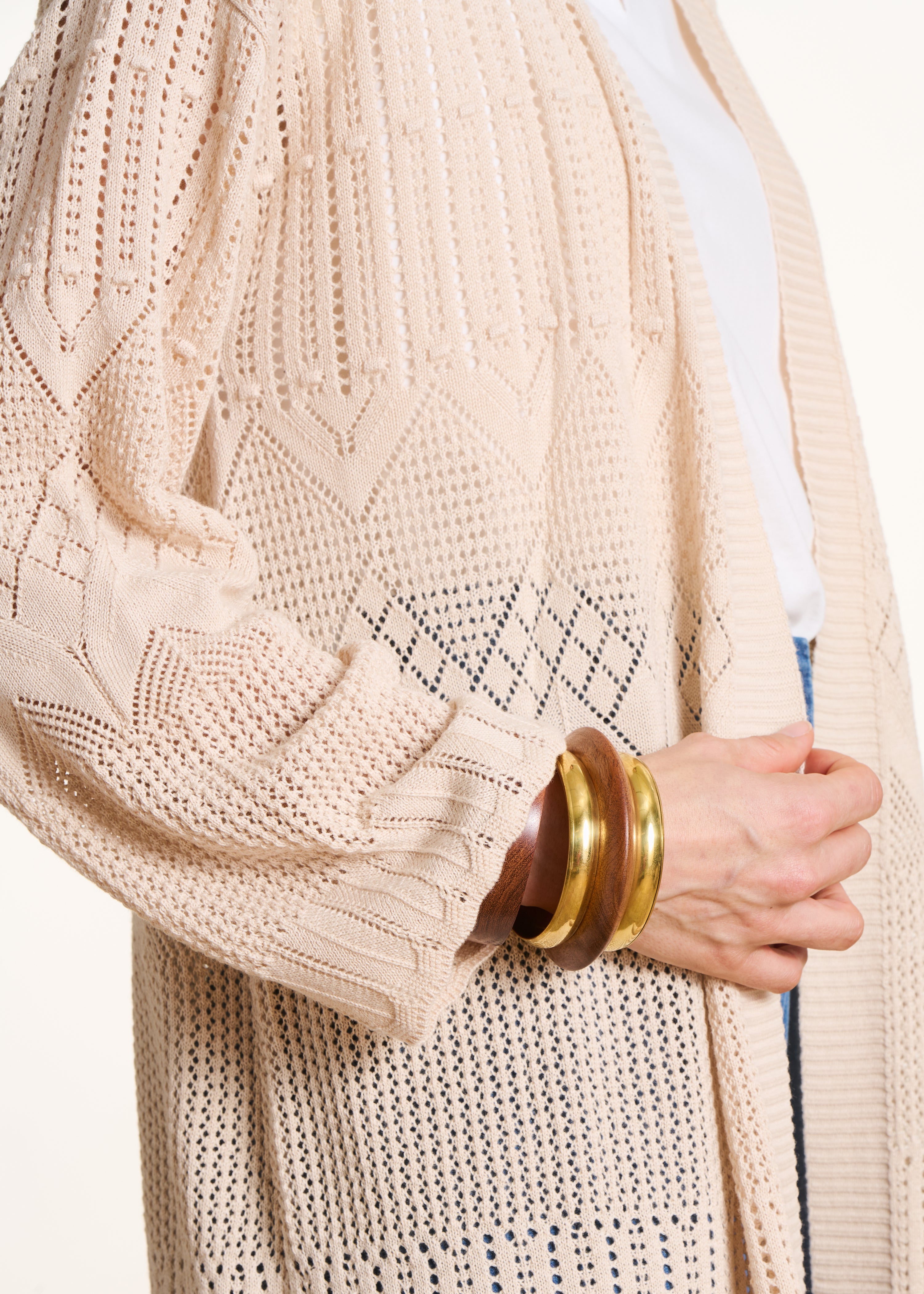 Long beige cardigan in pointelle knit