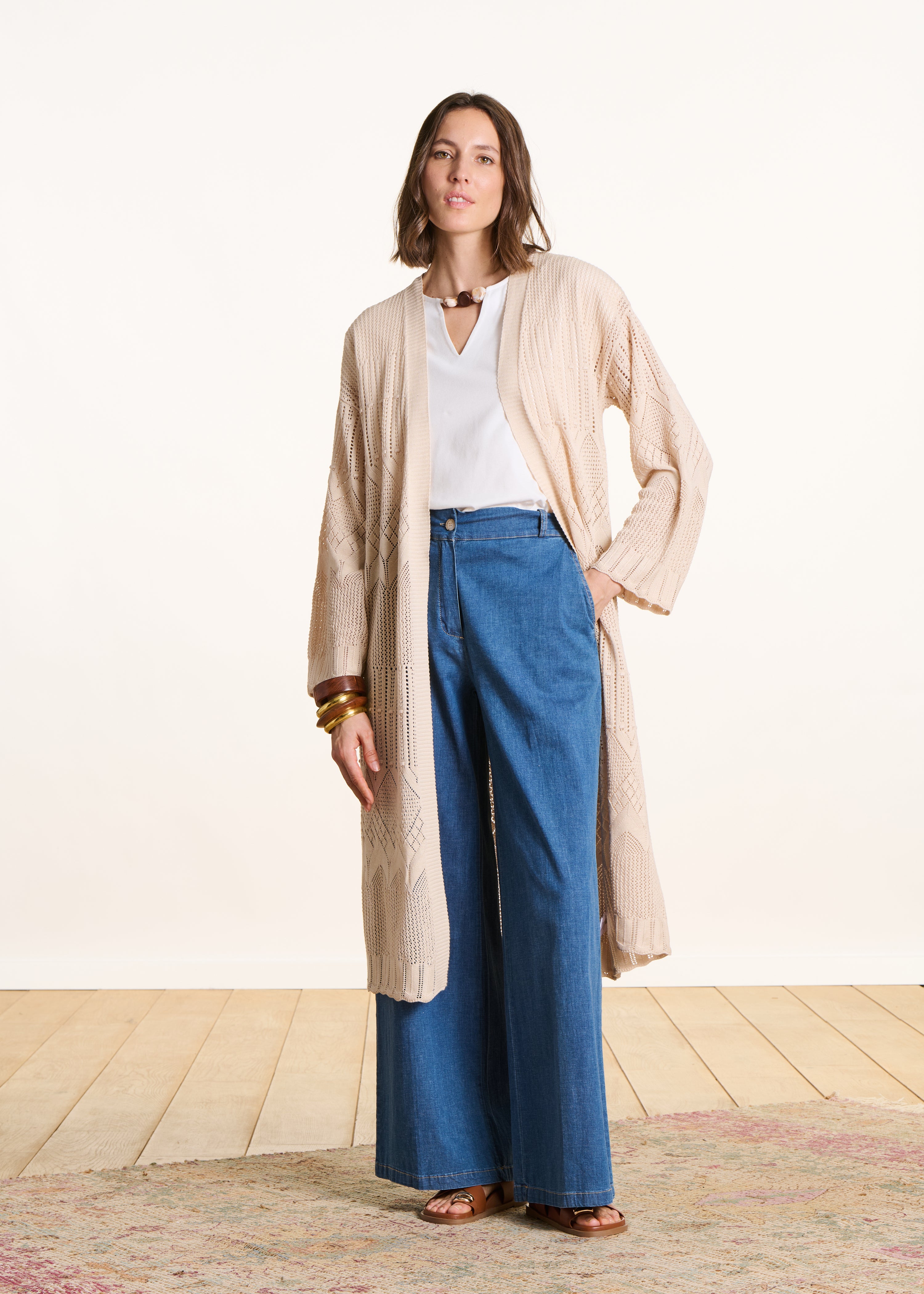 Long beige cardigan in pointelle knit