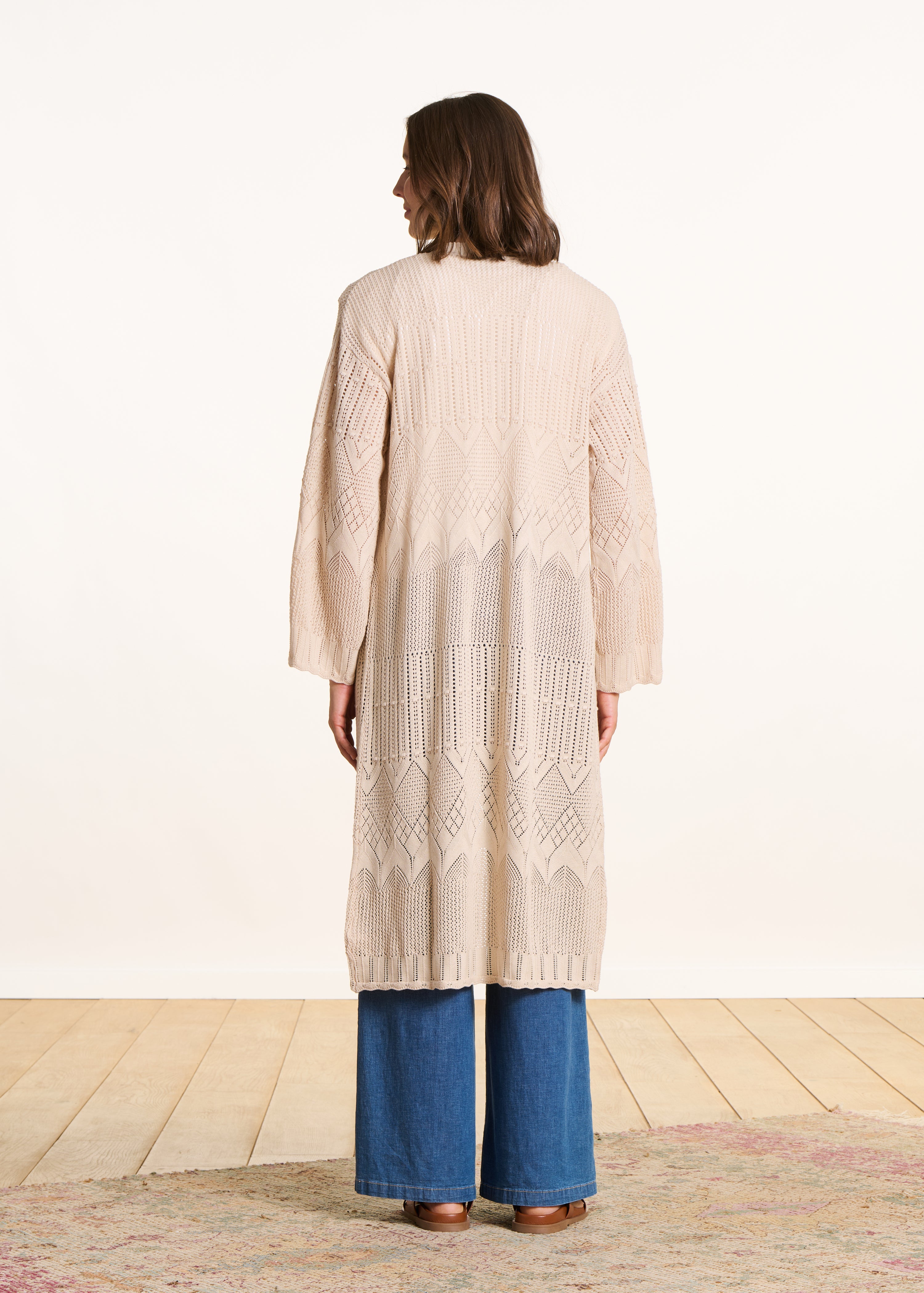 Long beige cardigan in pointelle knit