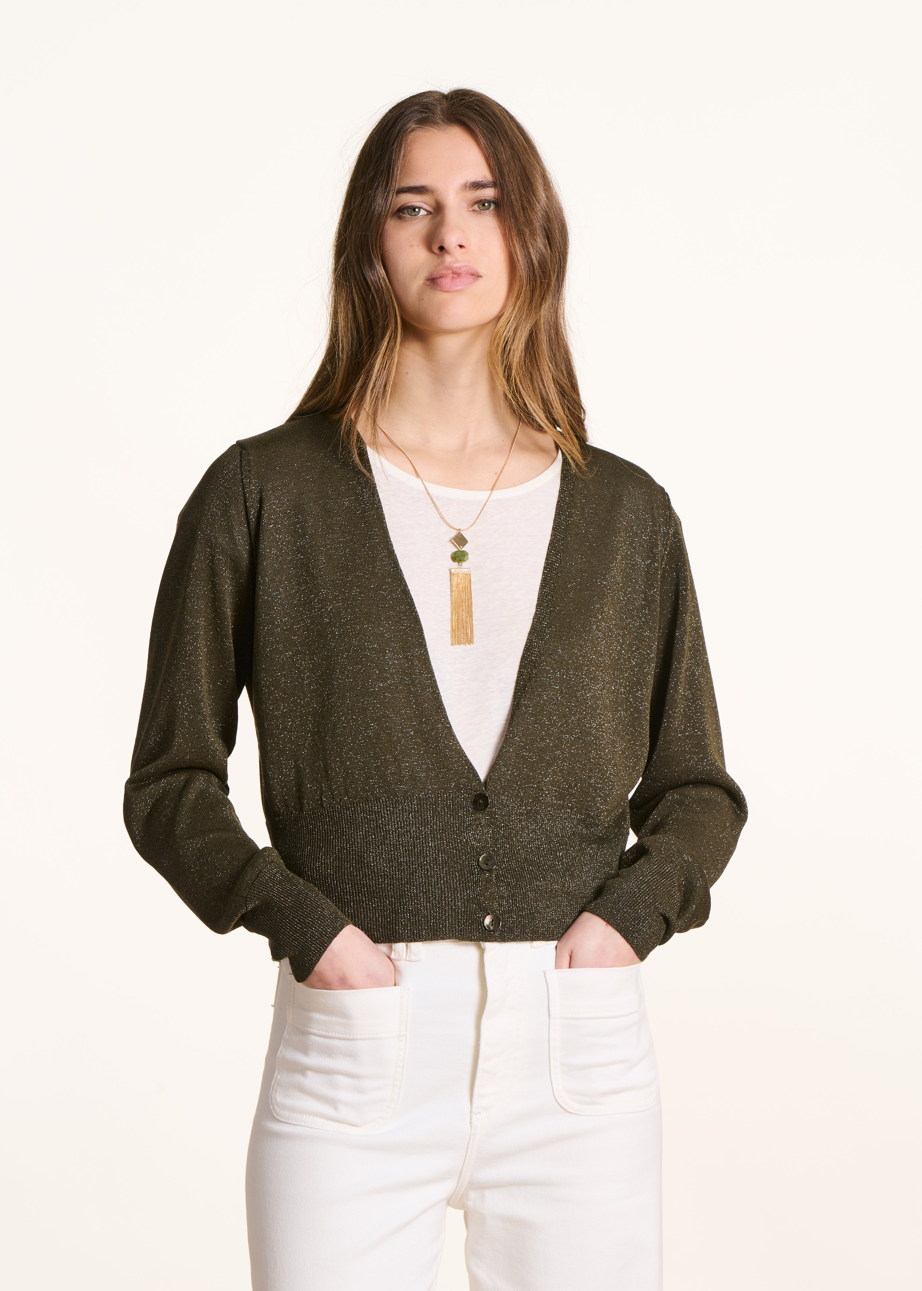 Kaki gilet in fijne glanzende stof