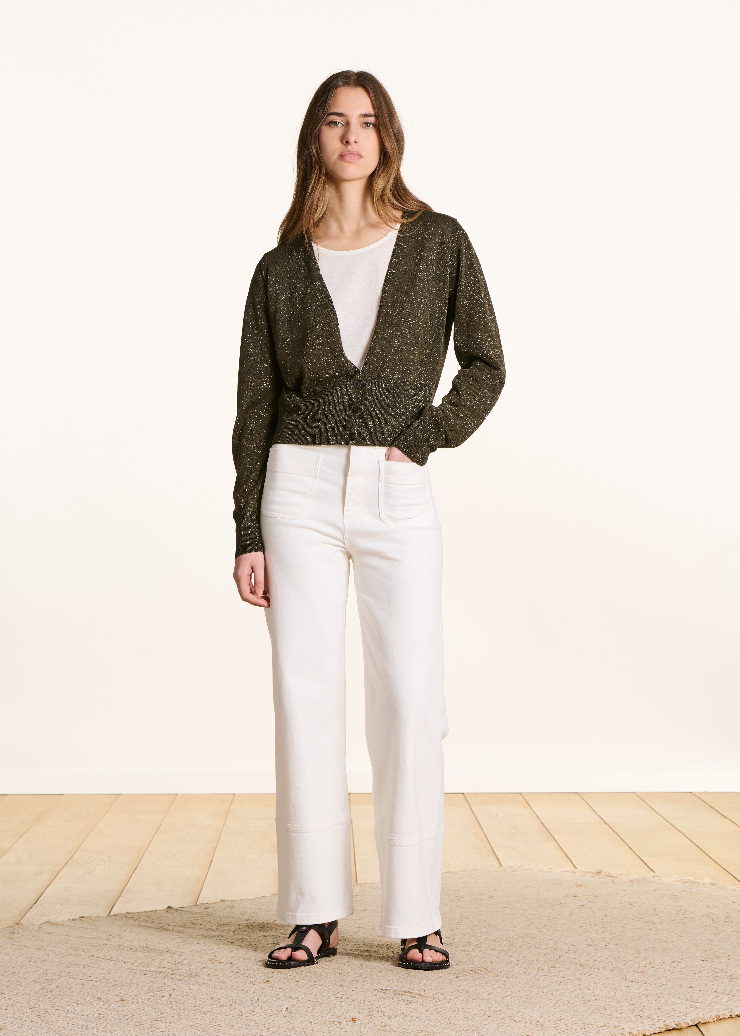 Kaki gilet in fijne glanzende stof