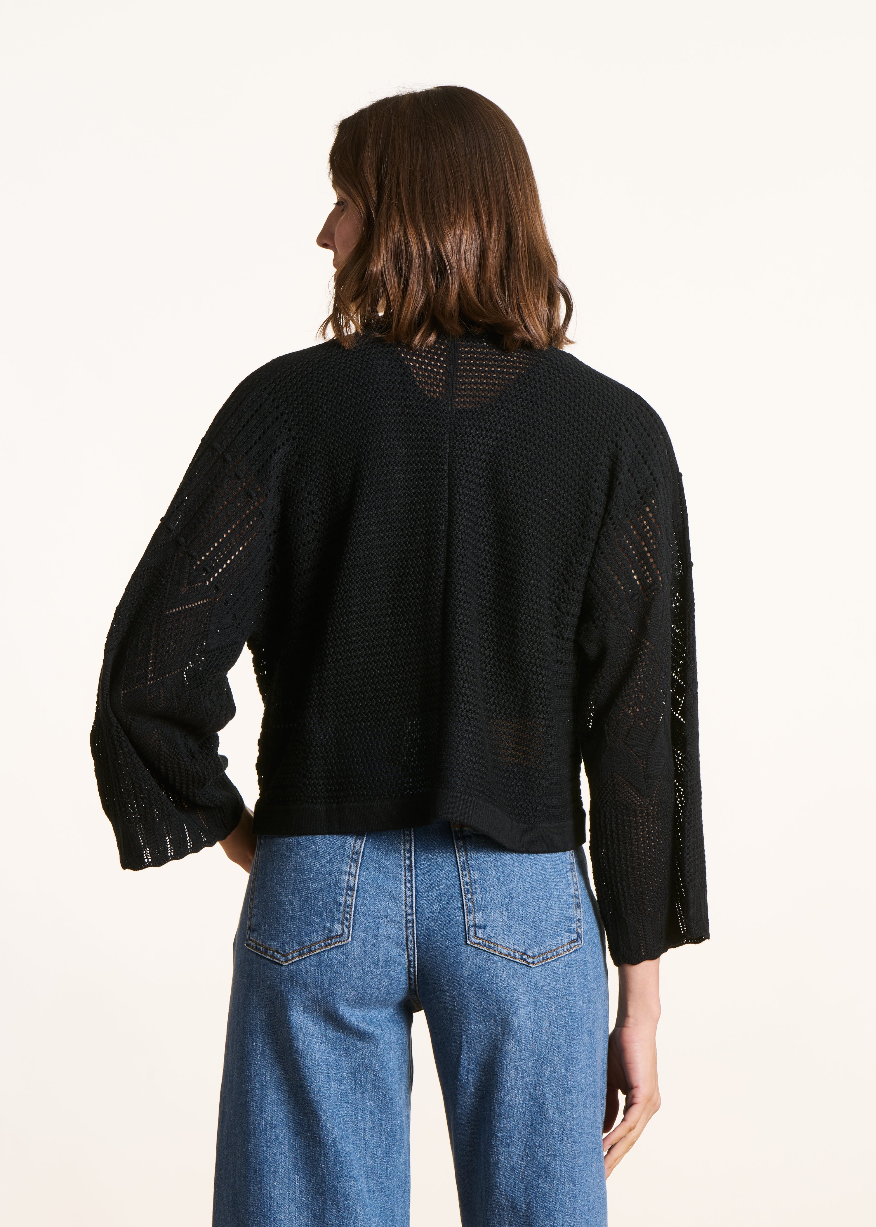 Short black cardigan in pointelle knit
