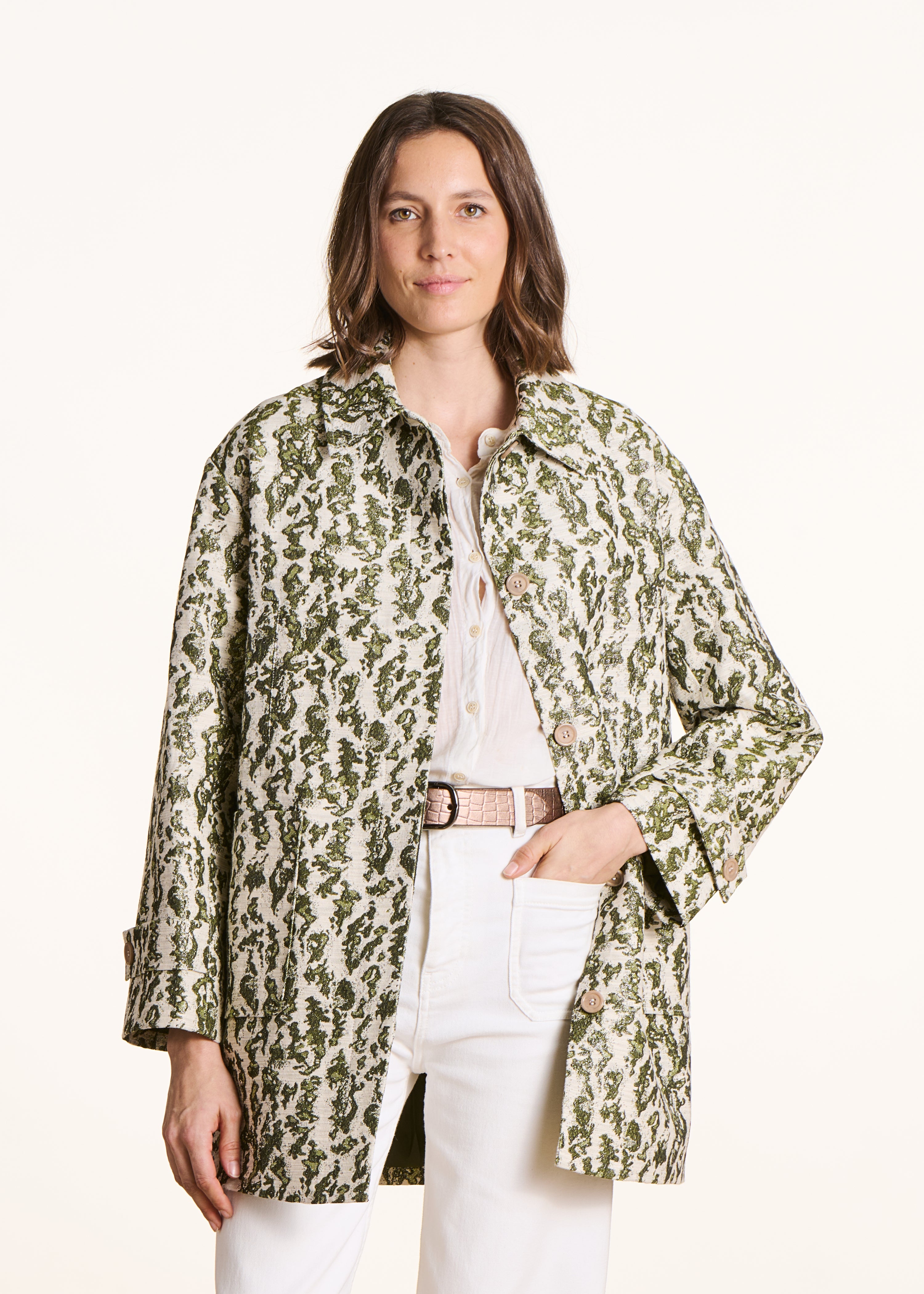 3/4-Mantel aus khakifarbenem Jacquard