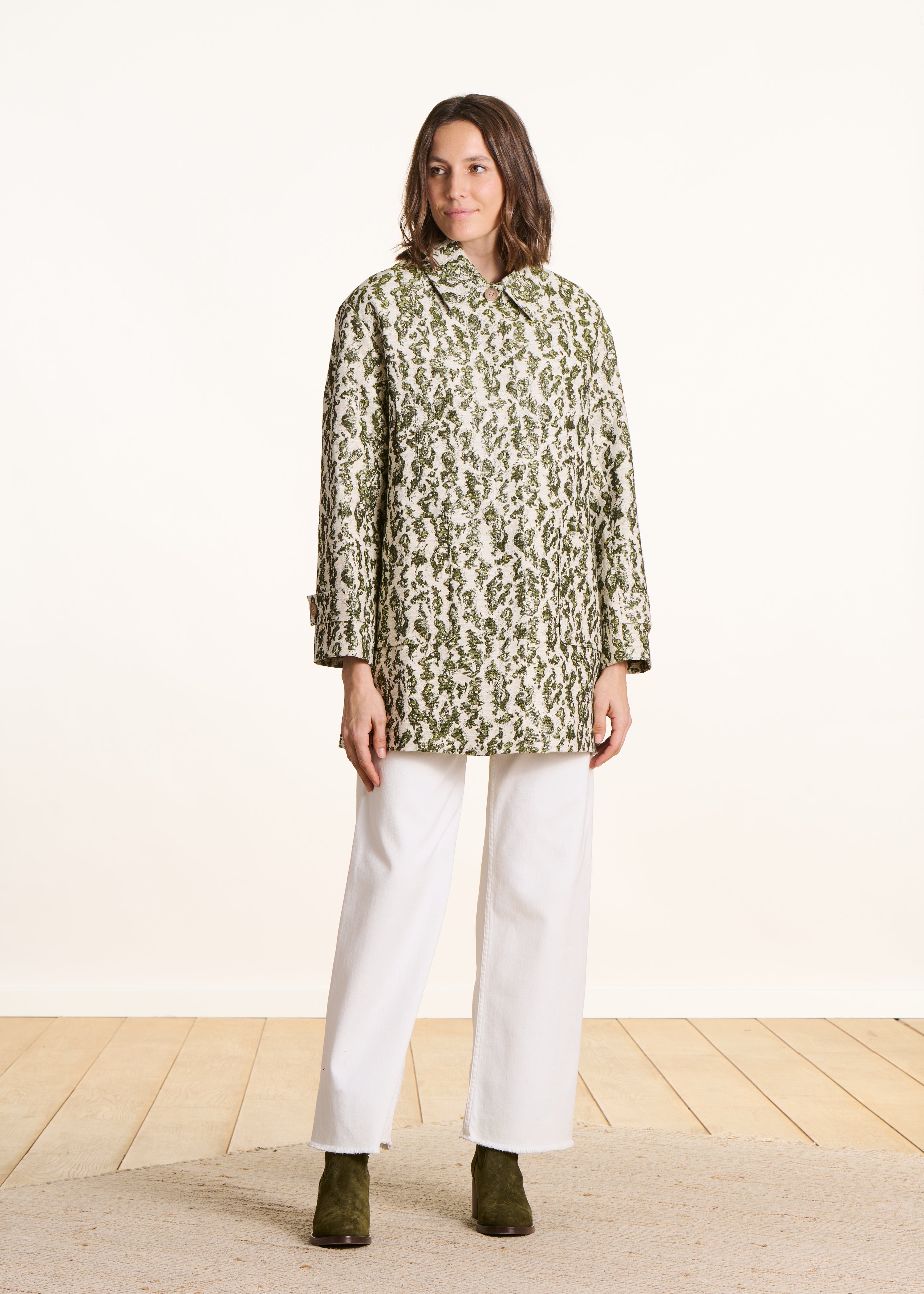 3/4-Mantel aus khakifarbenem Jacquard