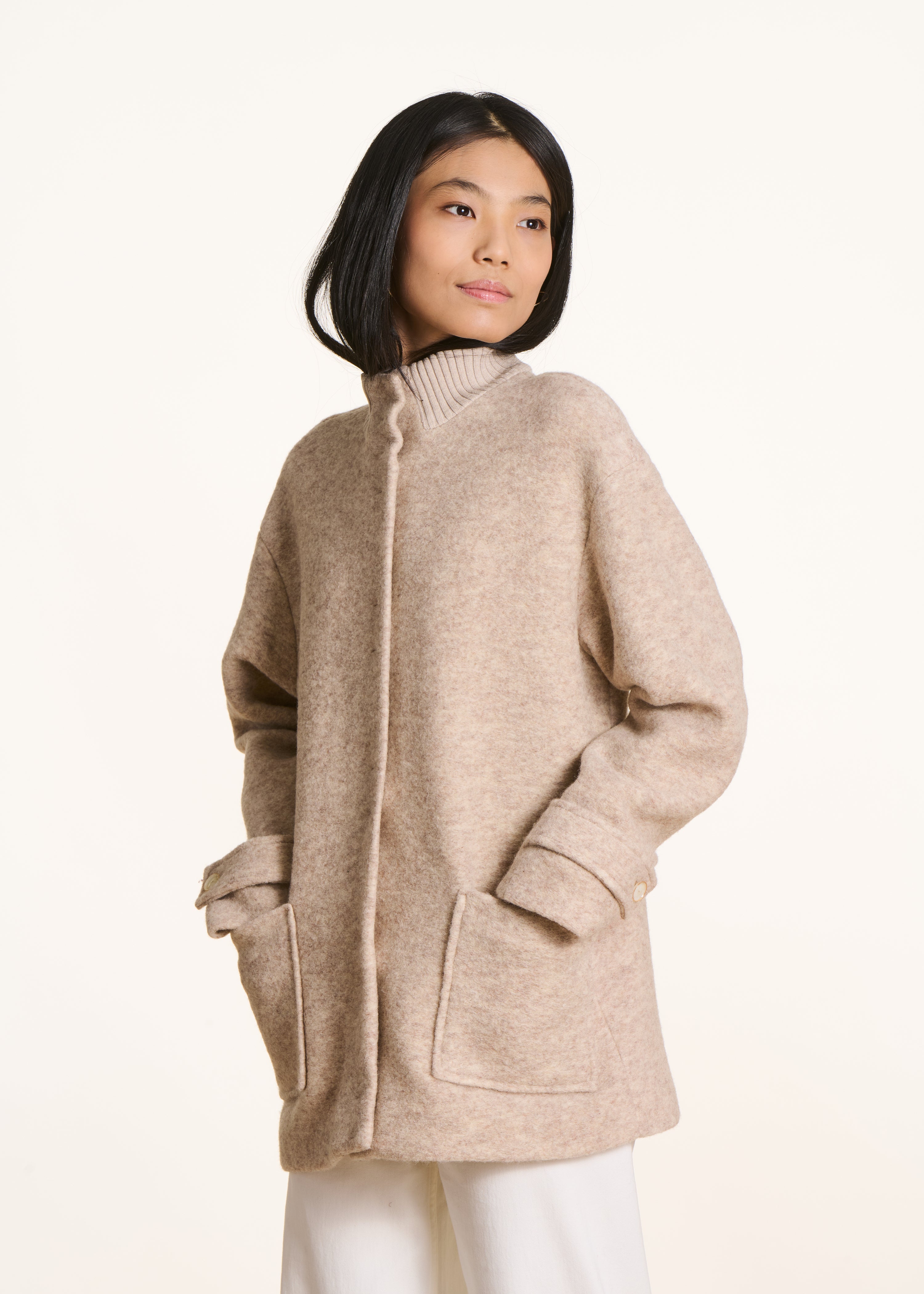 Cappotto 3/4 foderato in lana mista écru