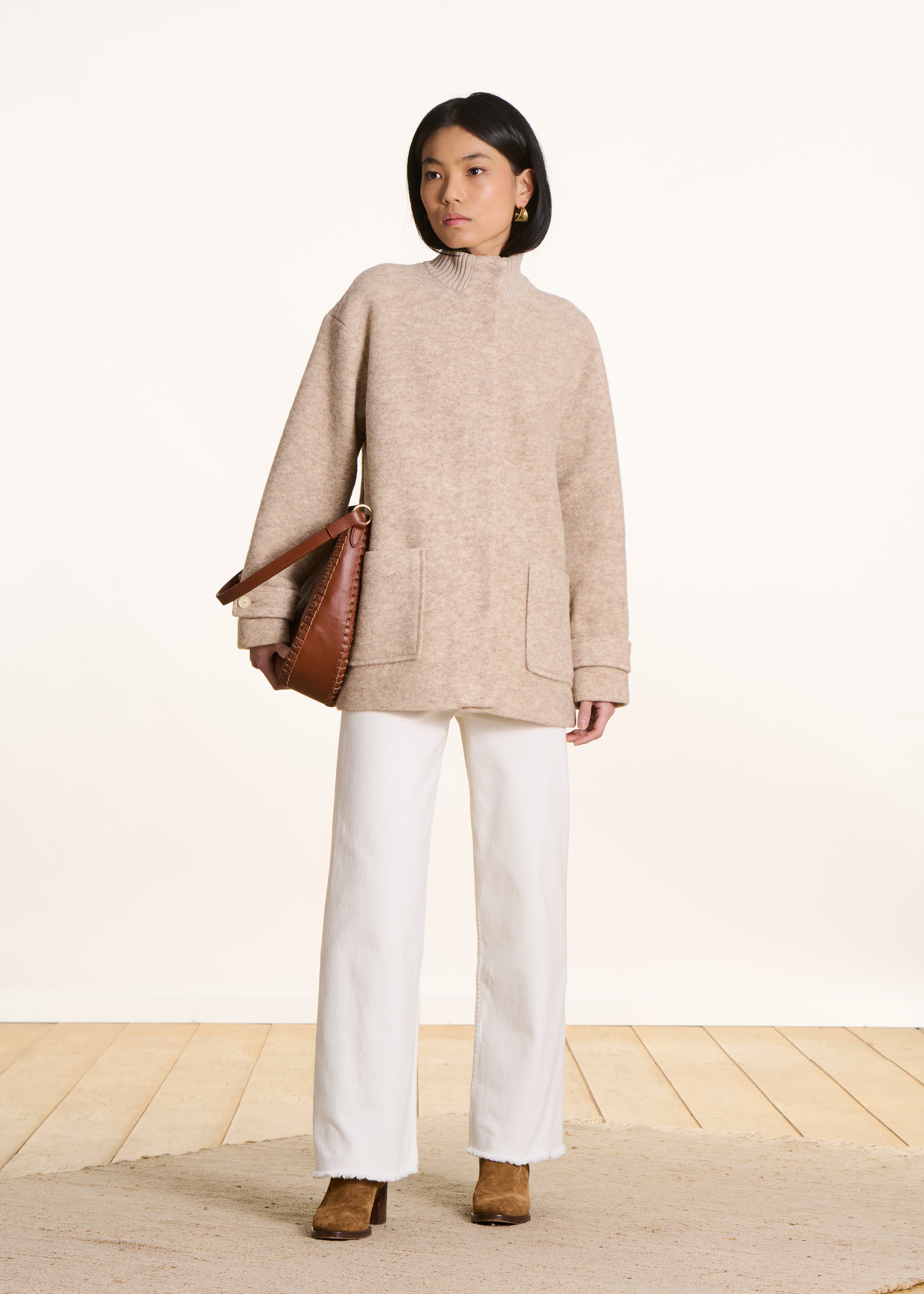 Cappotto 3/4 foderato in lana mista écru