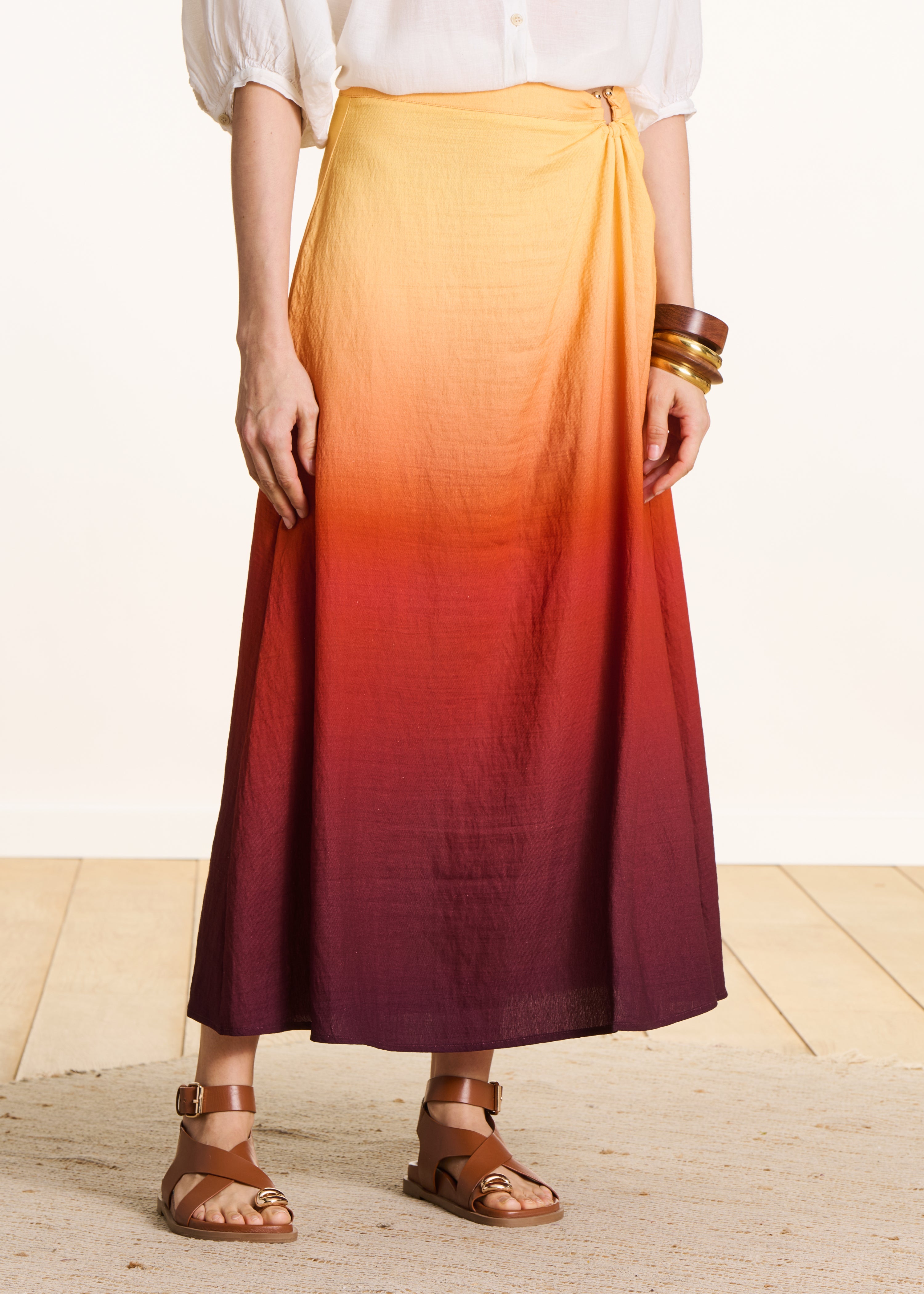 Gonna midi con stampa tie & dye gialla e marrone