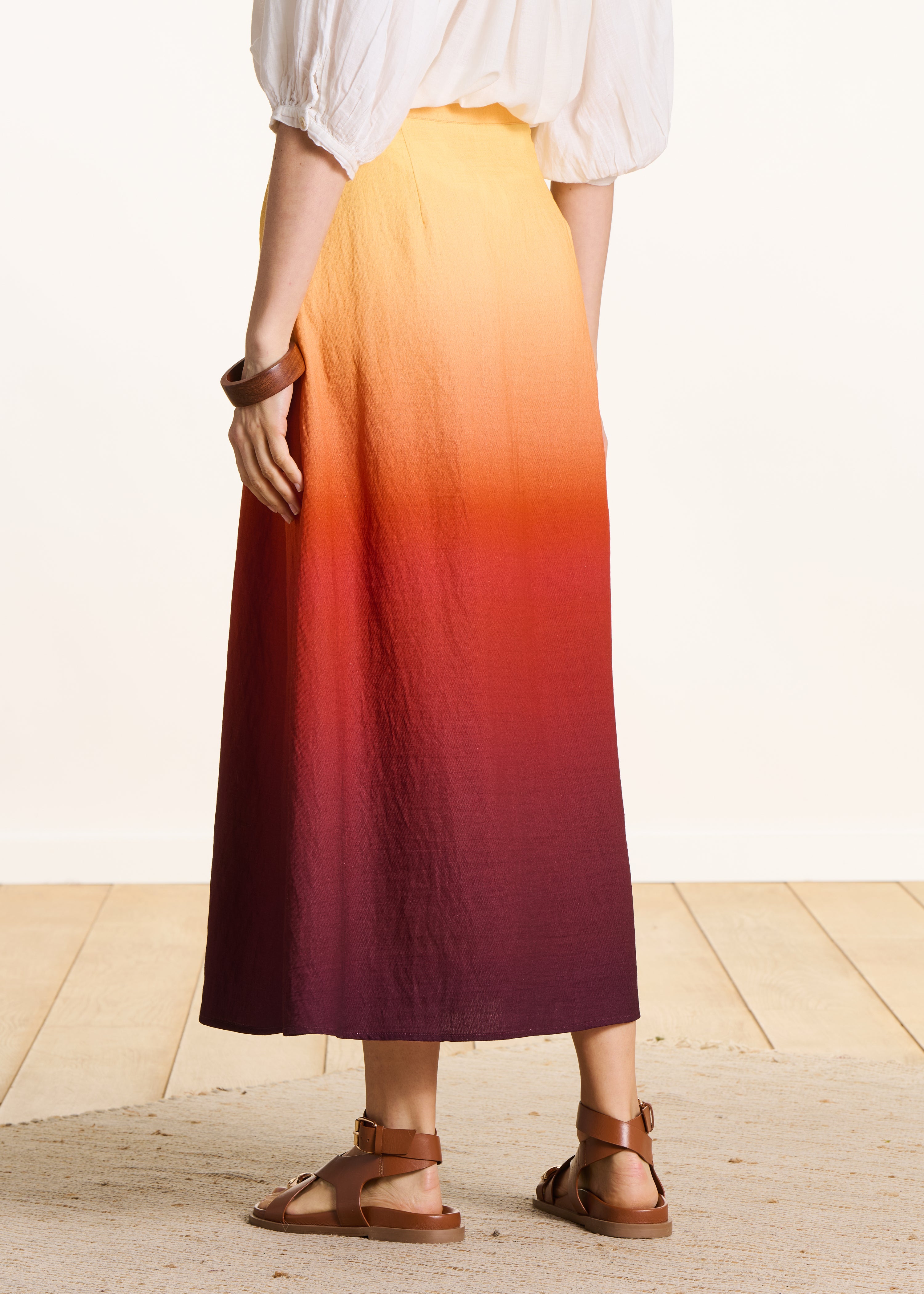 Gonna midi con stampa tie & dye gialla e marrone