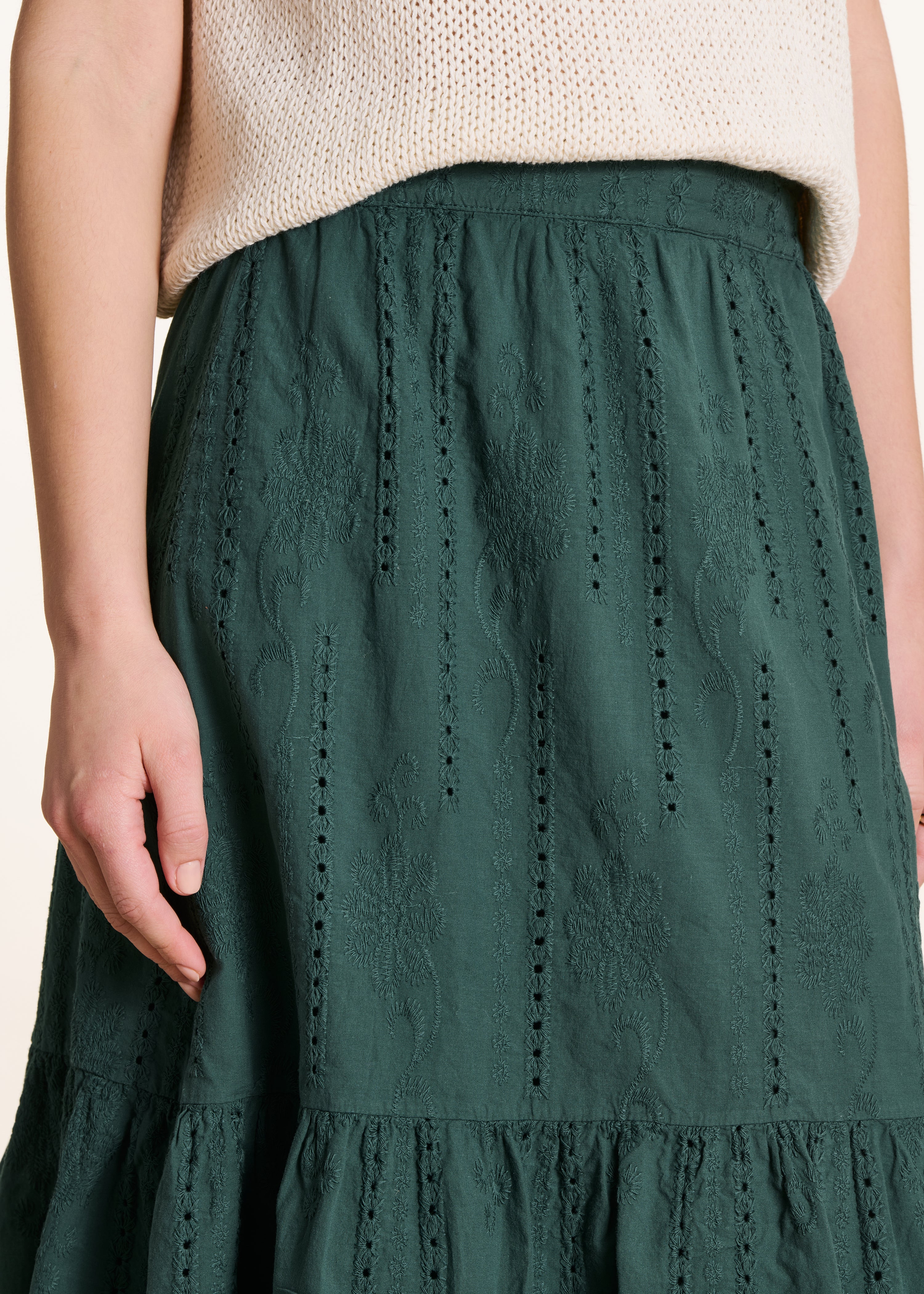 Dark green long skirt with ruffles in eyelet embroidery