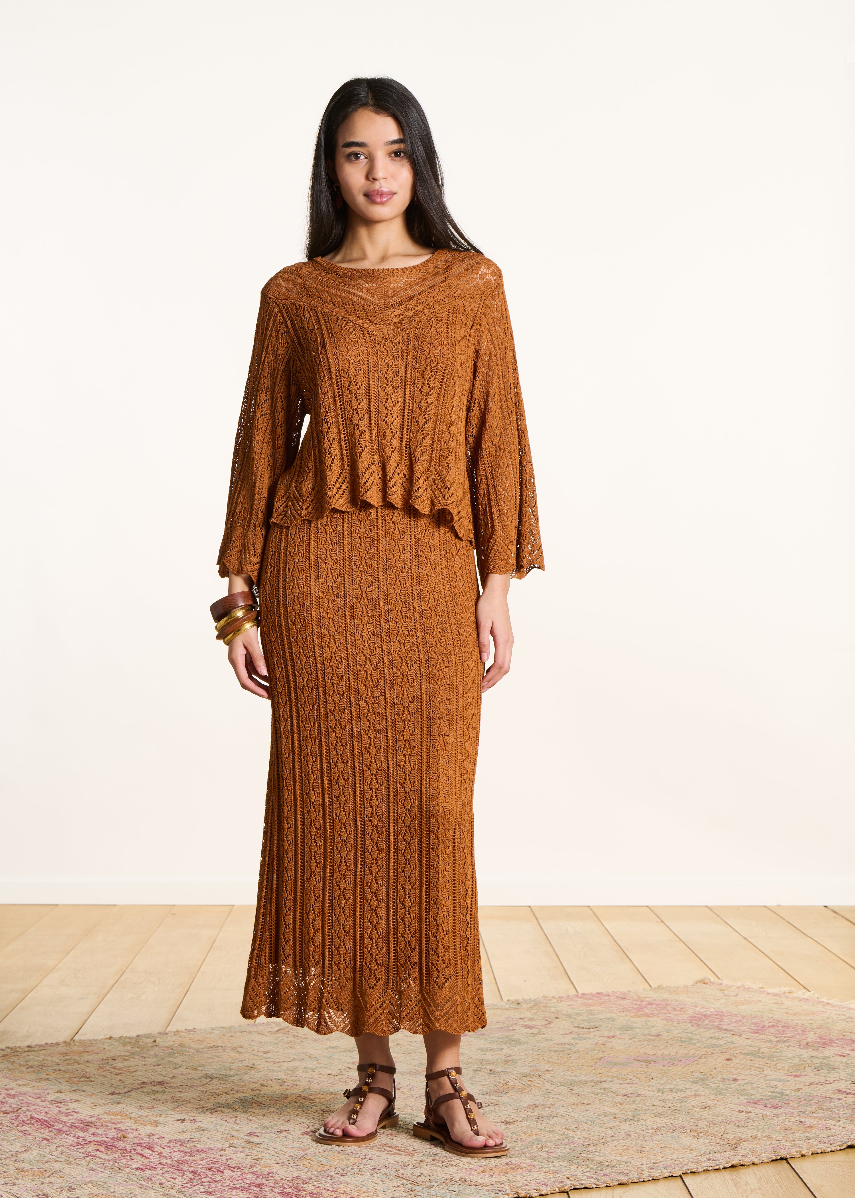 Brown Mid-Length Openwork Knit Skirt