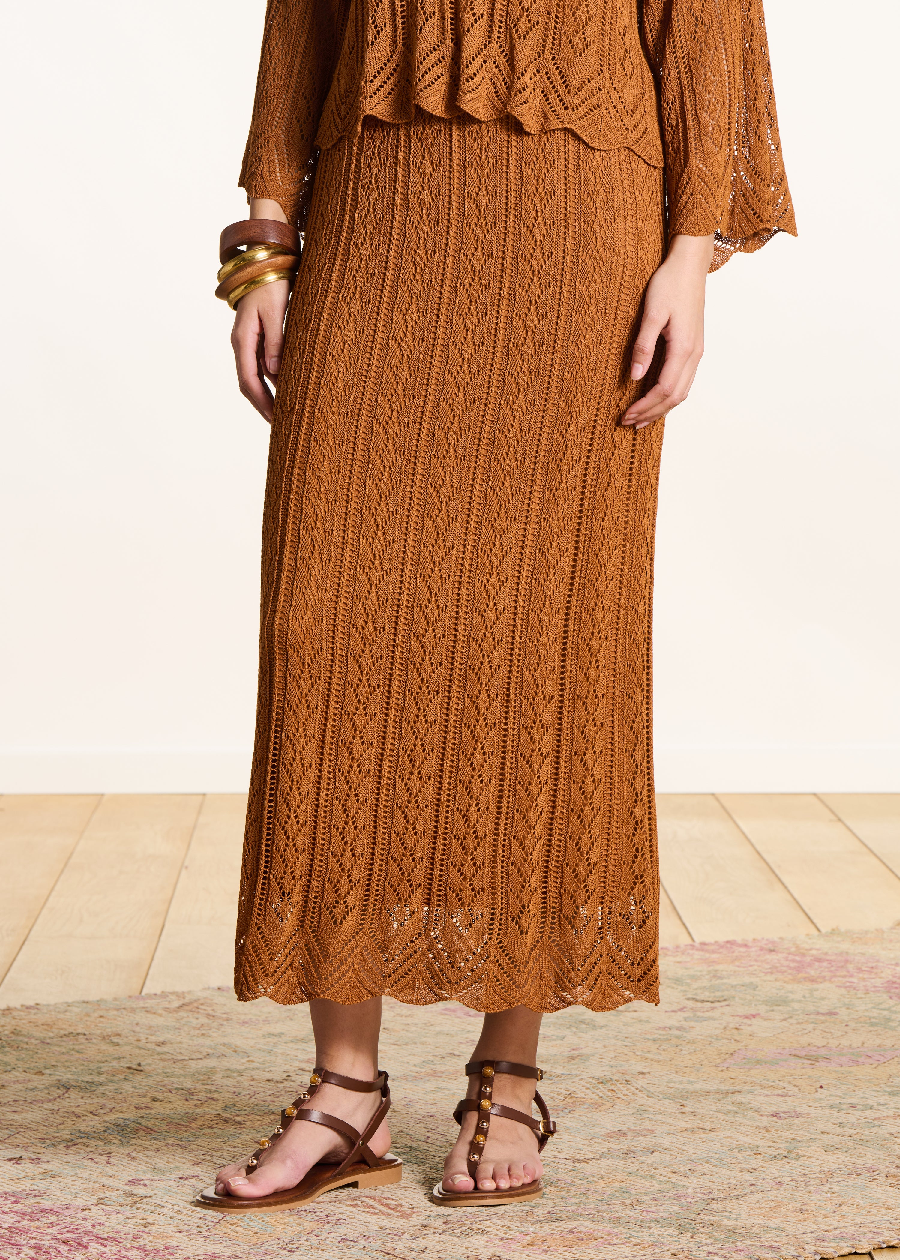 Brown Mid-Length Openwork Knit Skirt