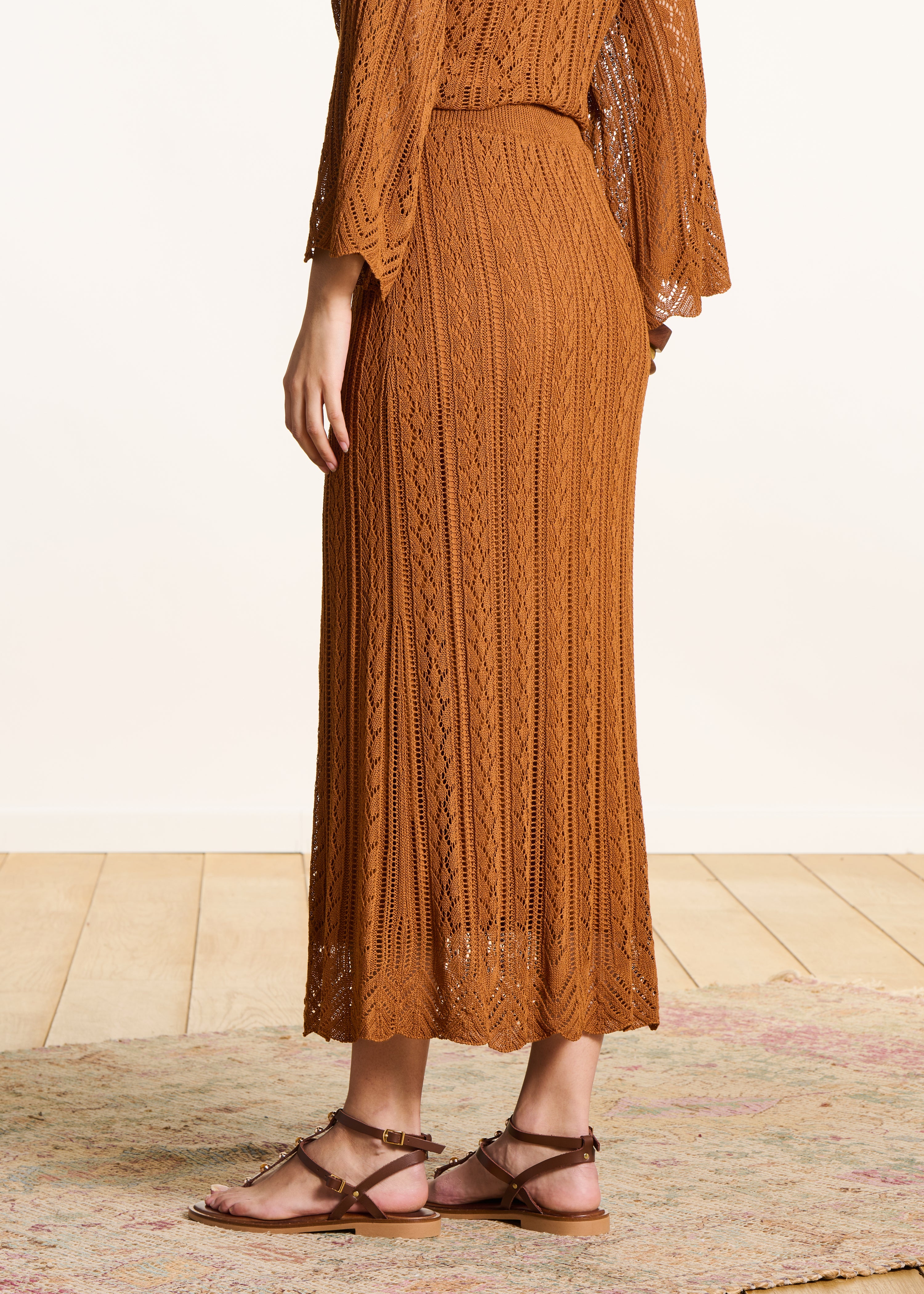 Brown Mid-Length Openwork Knit Skirt