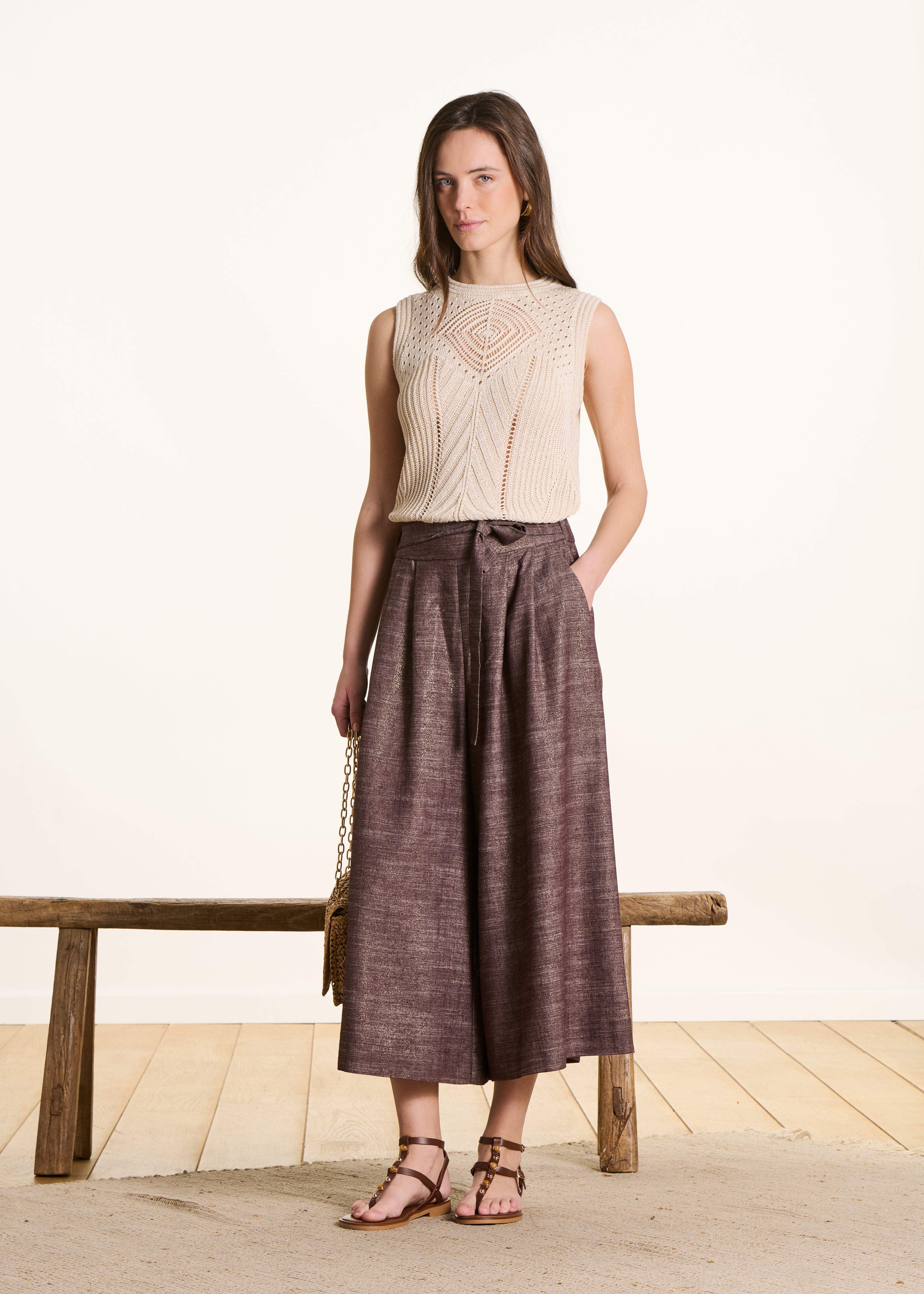 Pantalon marron irisé large 7/8ème