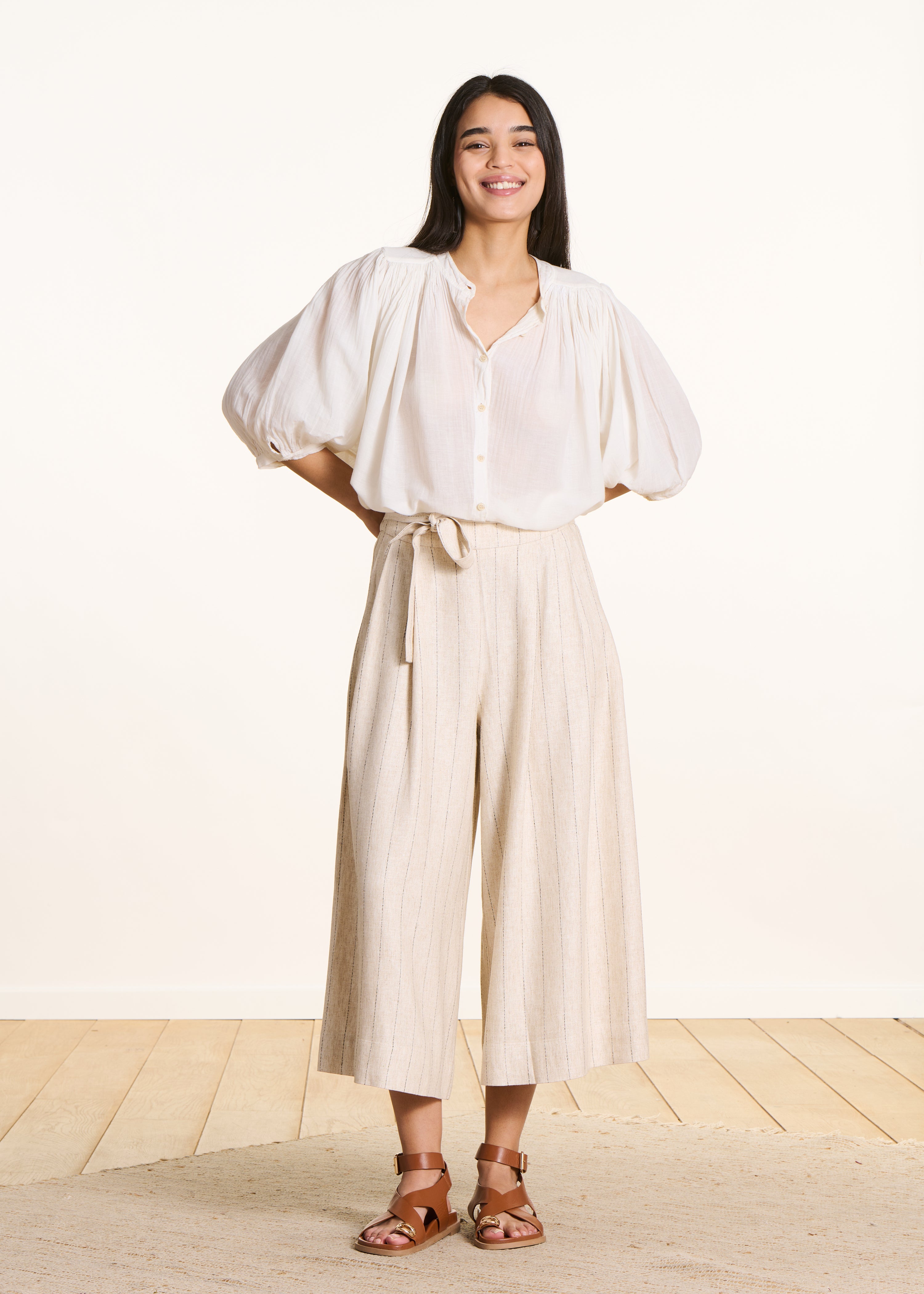 Pantalon large rayé beige taille haute