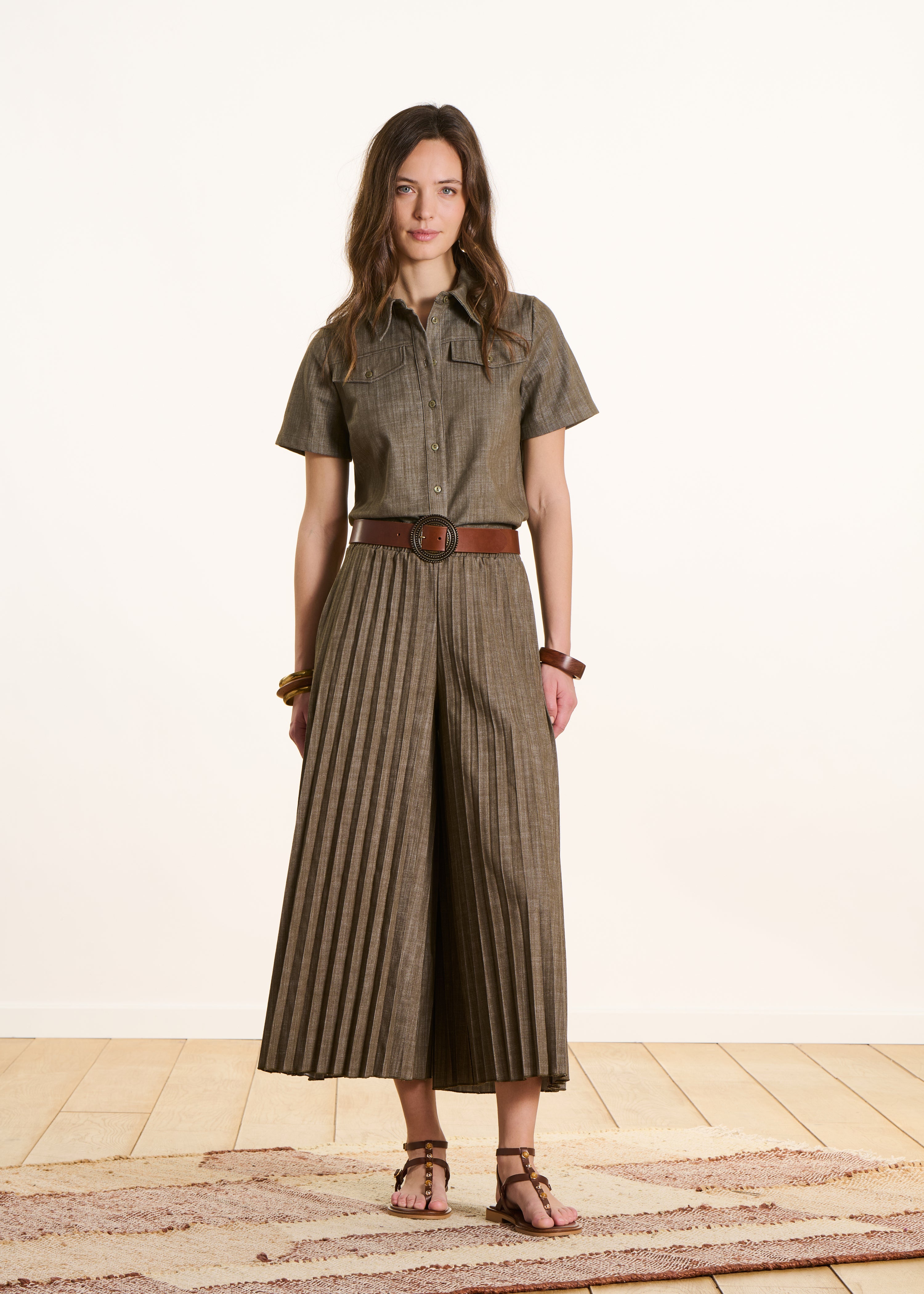 Pantalon plissé en jean kaki taille élastiquée