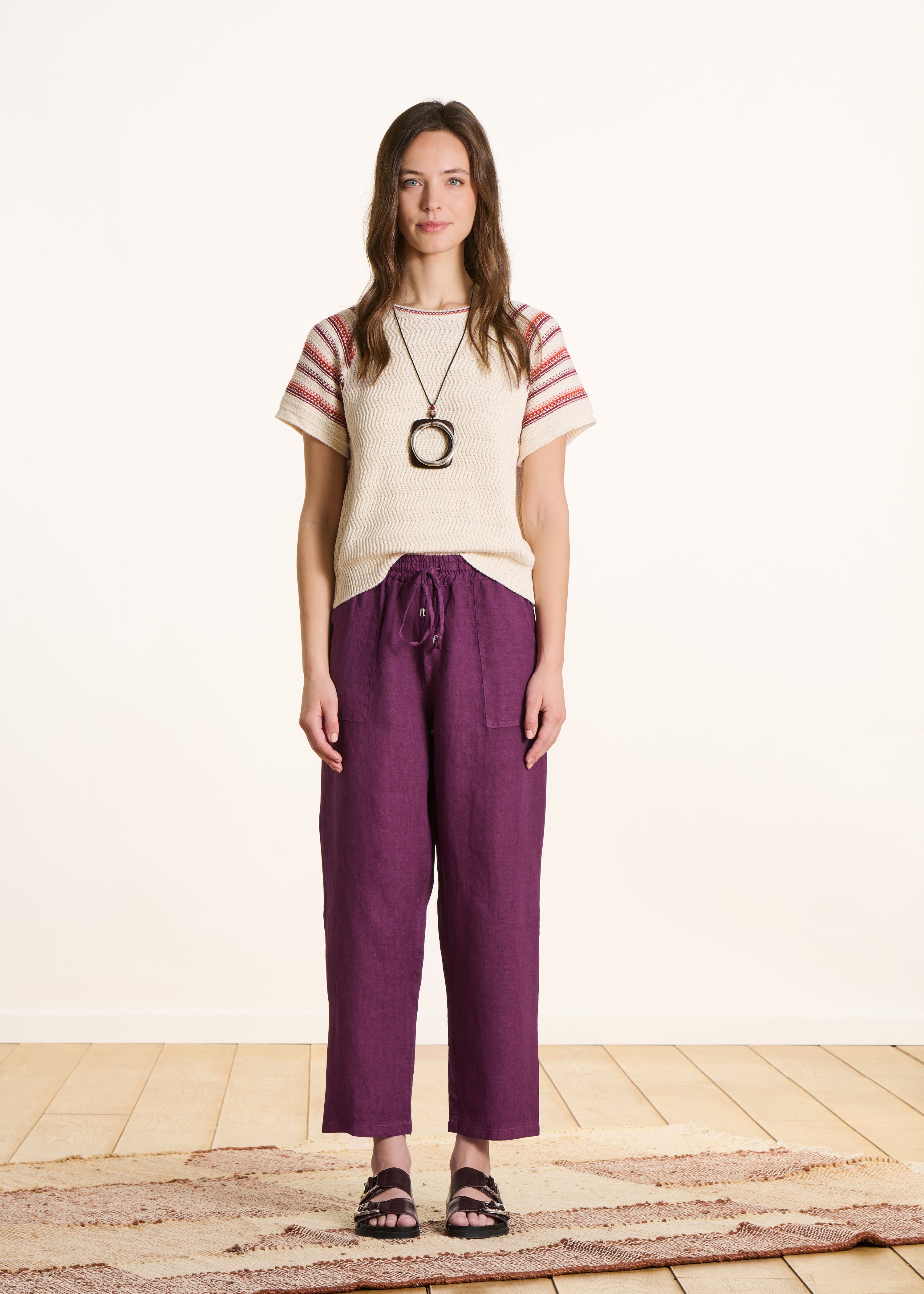 Pantalon 7/8ème en lin violet taille élastiquée - La Fée Maraboutée