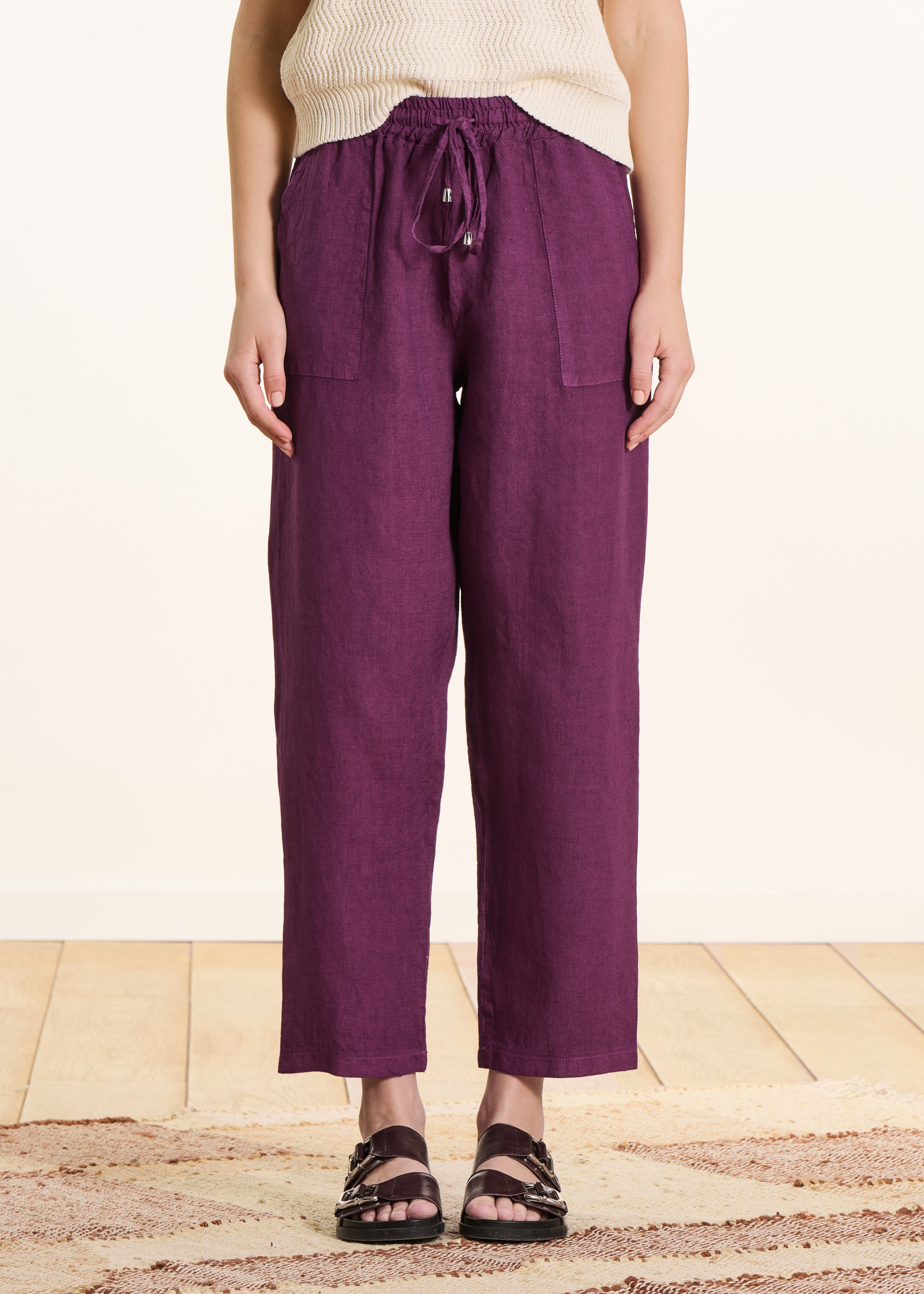 7/8 Linen Pants in Purple with Elastic Waist