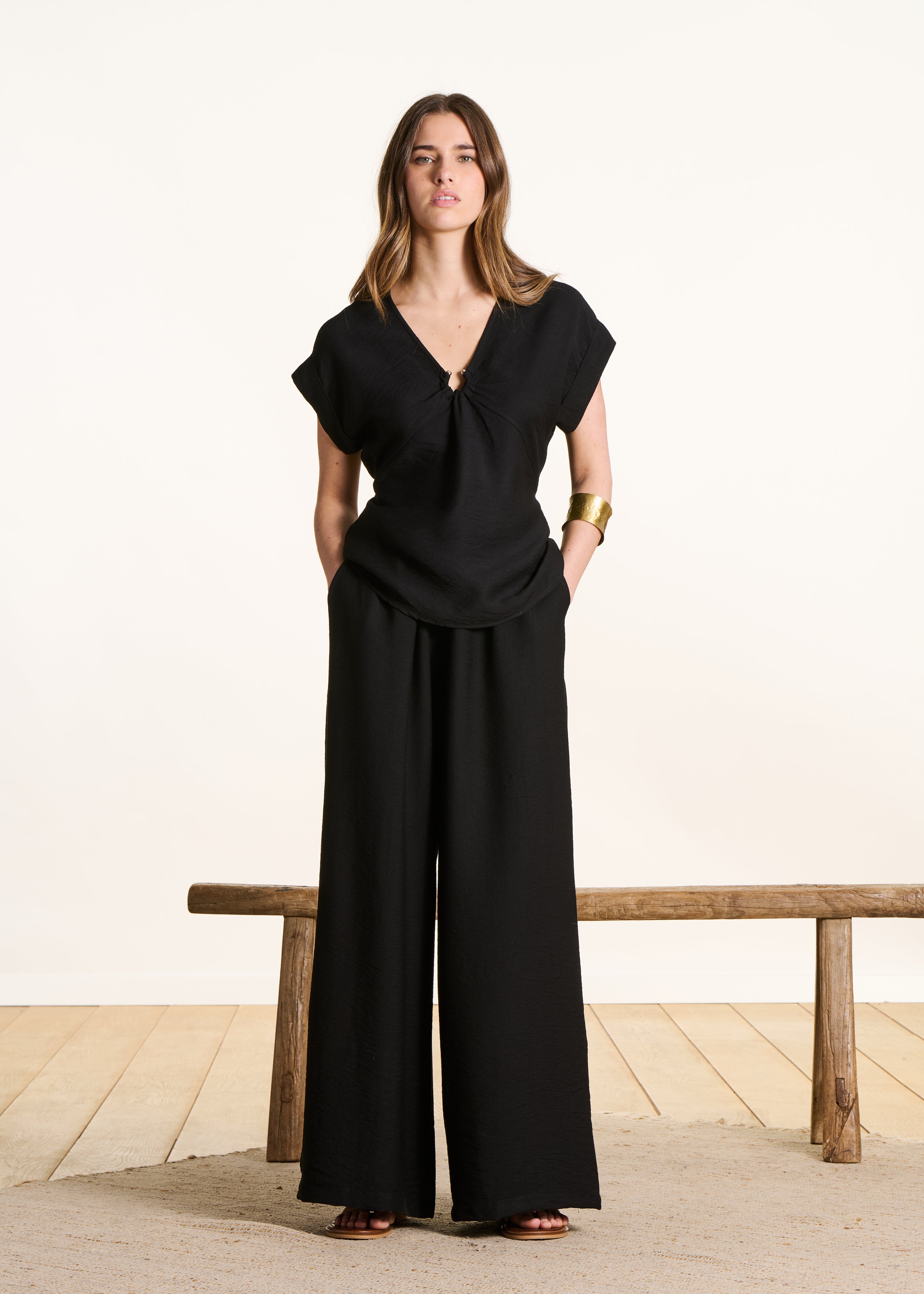 Zwarte wijde broek met elastische taille