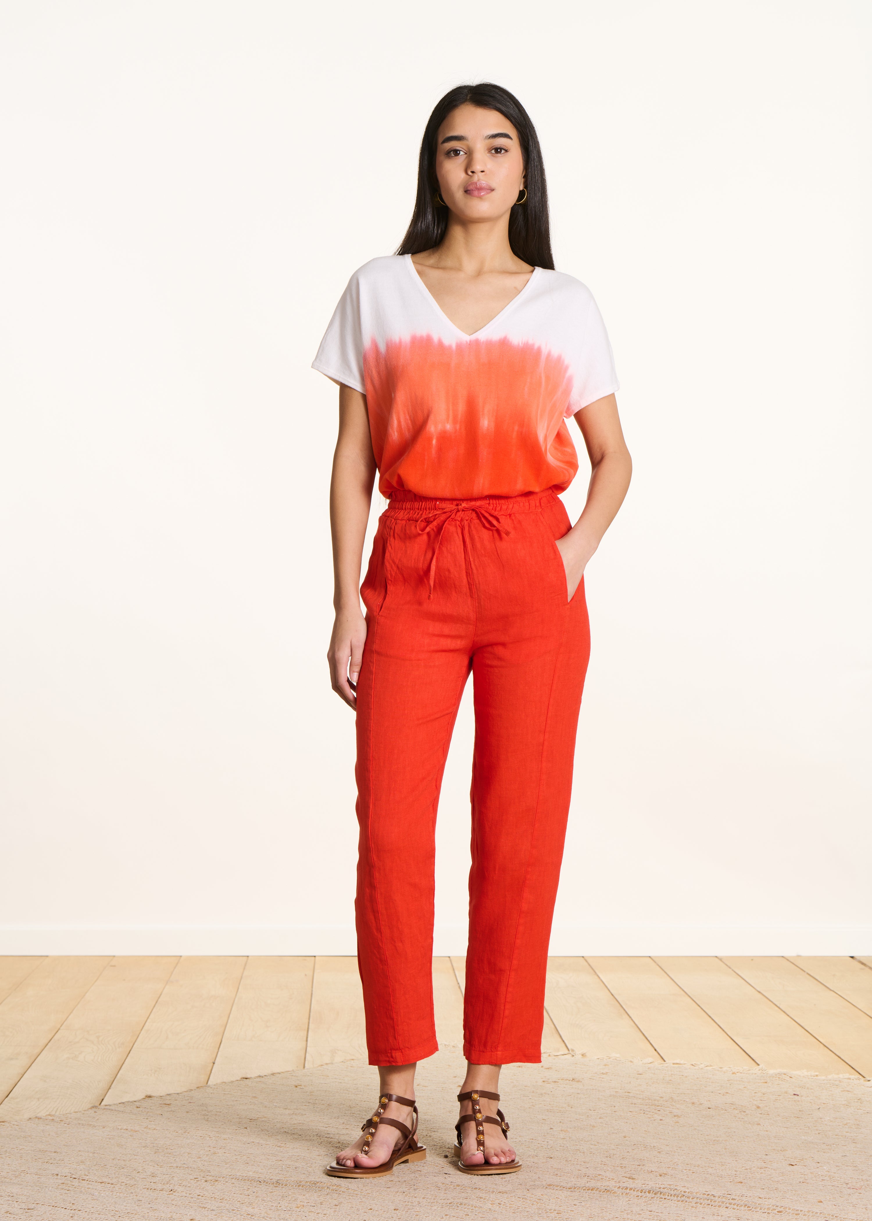 Pantalon carotte orange en lin taille élastiquée
