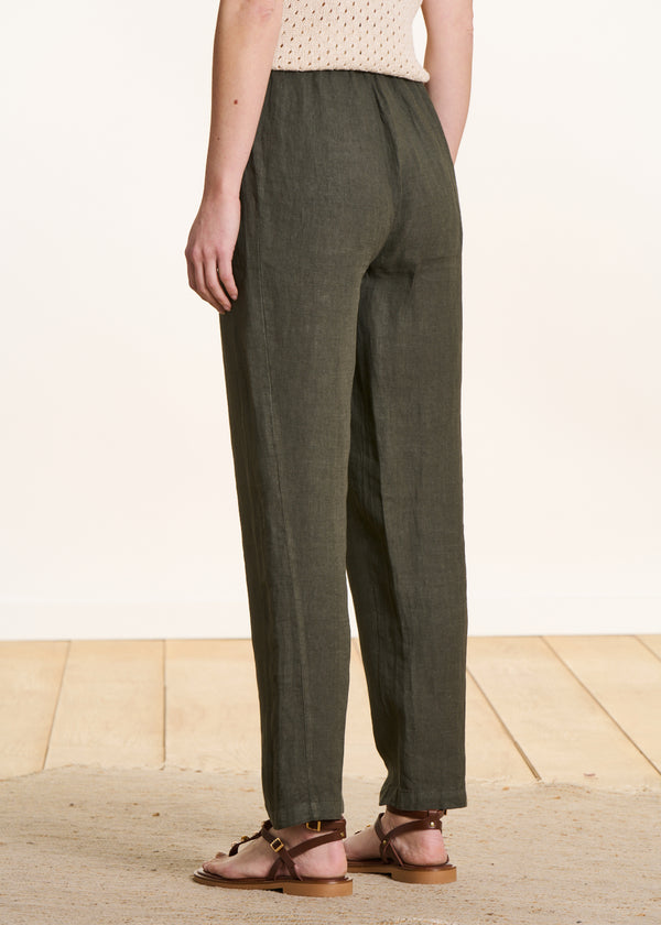 Pantalon carotte kaki en lin taille élastiquée - La Fée Maraboutée