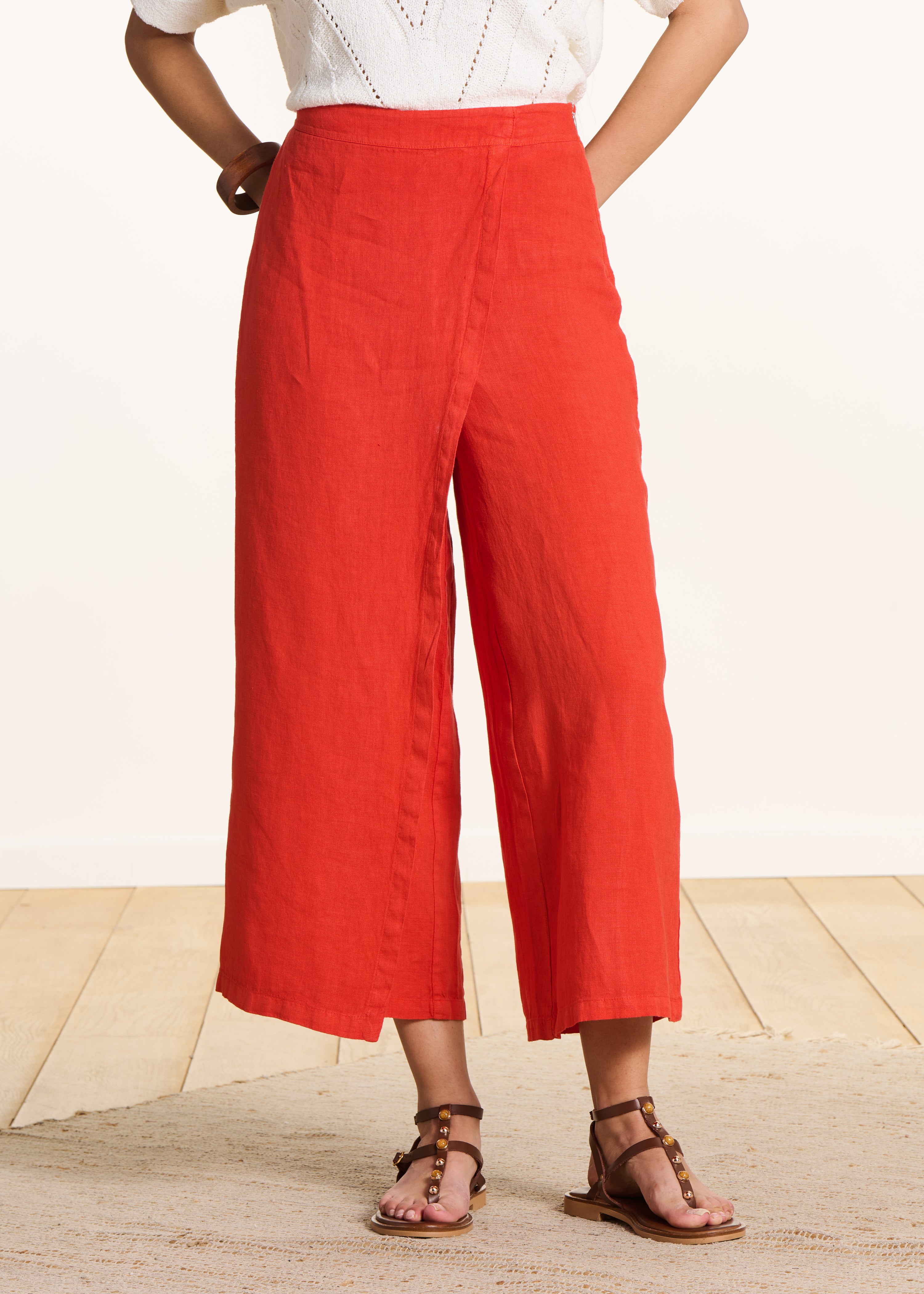 Pantalone largo 7/8 arancione in lino con spacco