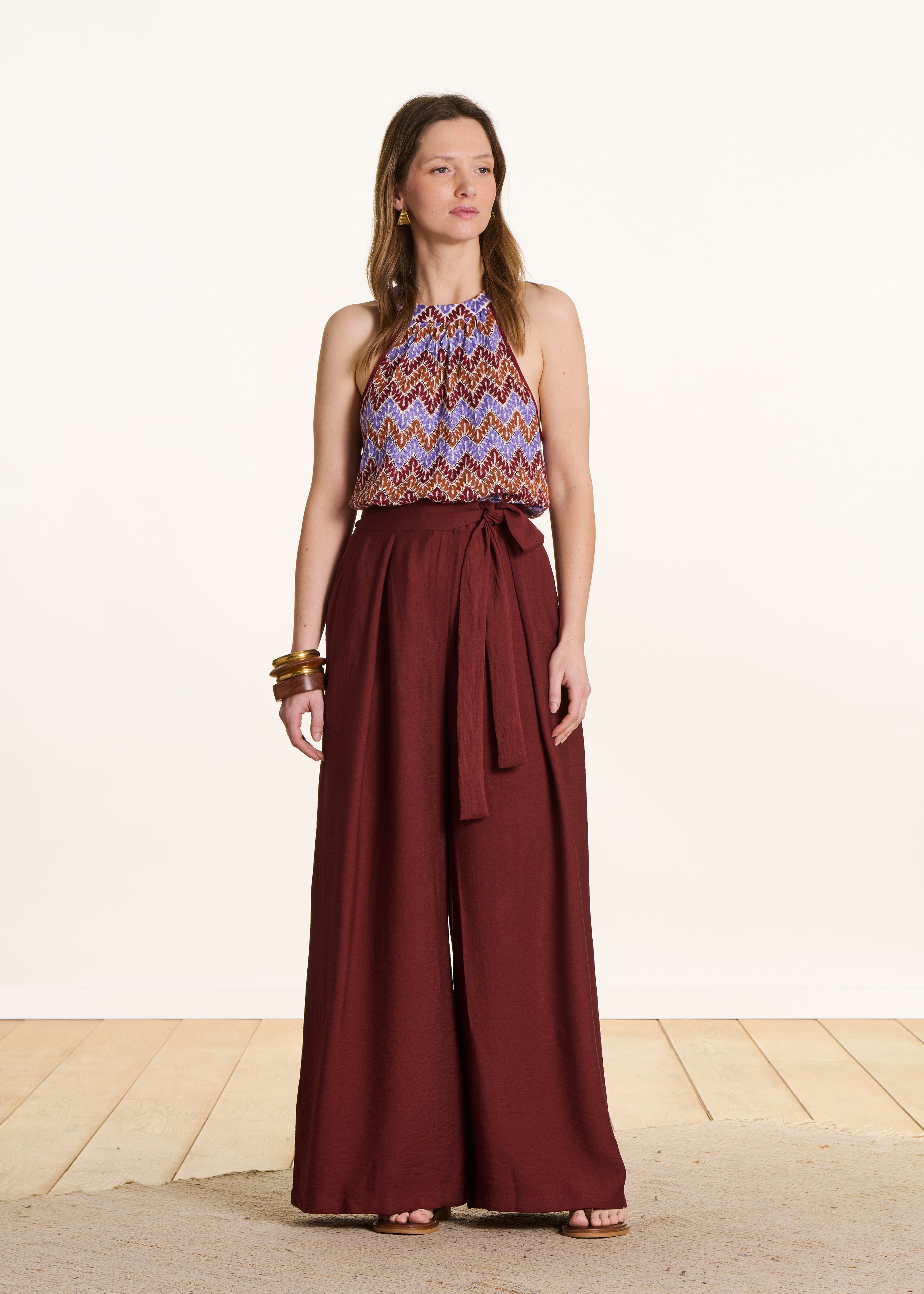 Wide brown jacquard trousers
