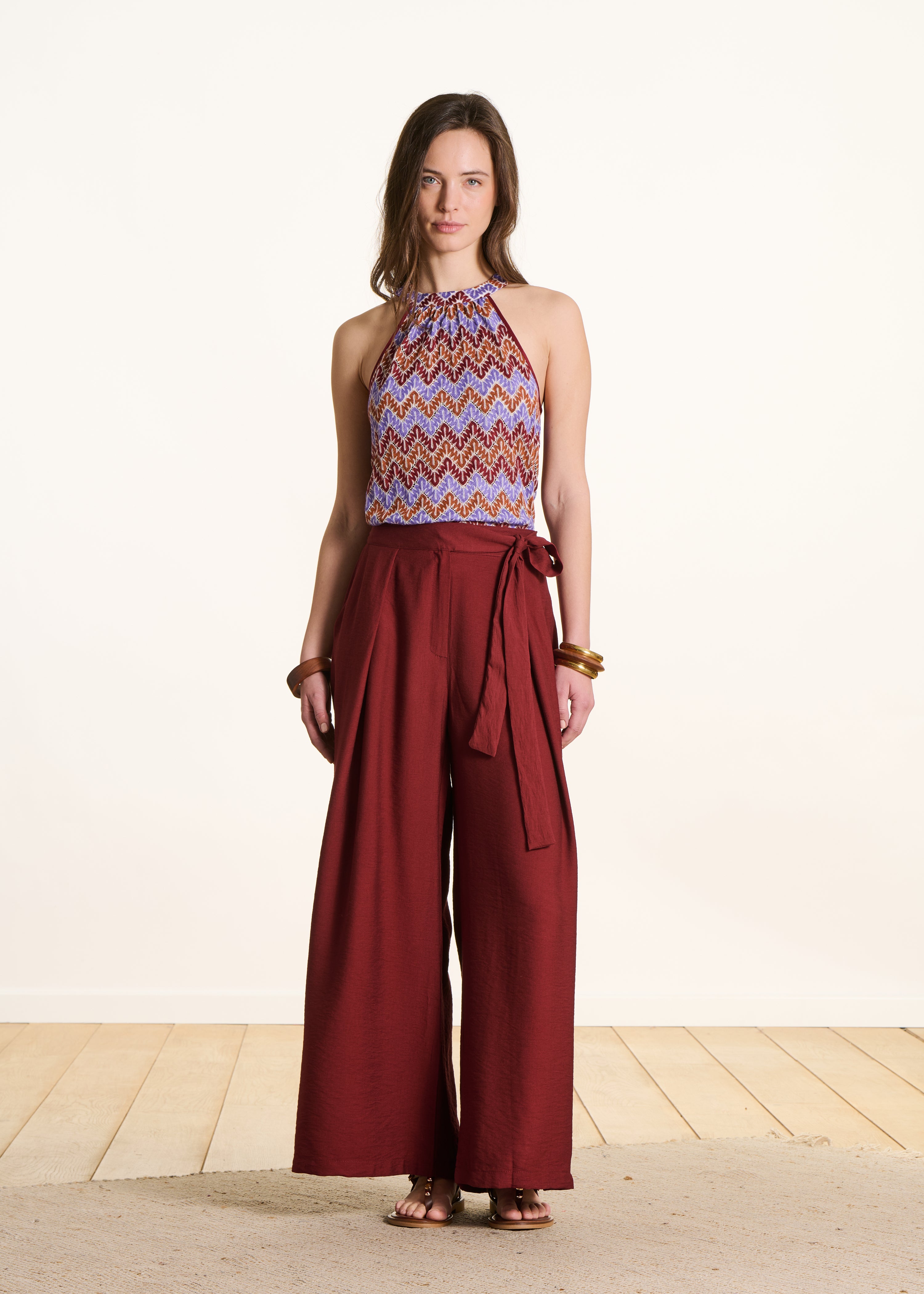 Pantalon large terracotta en jacquard