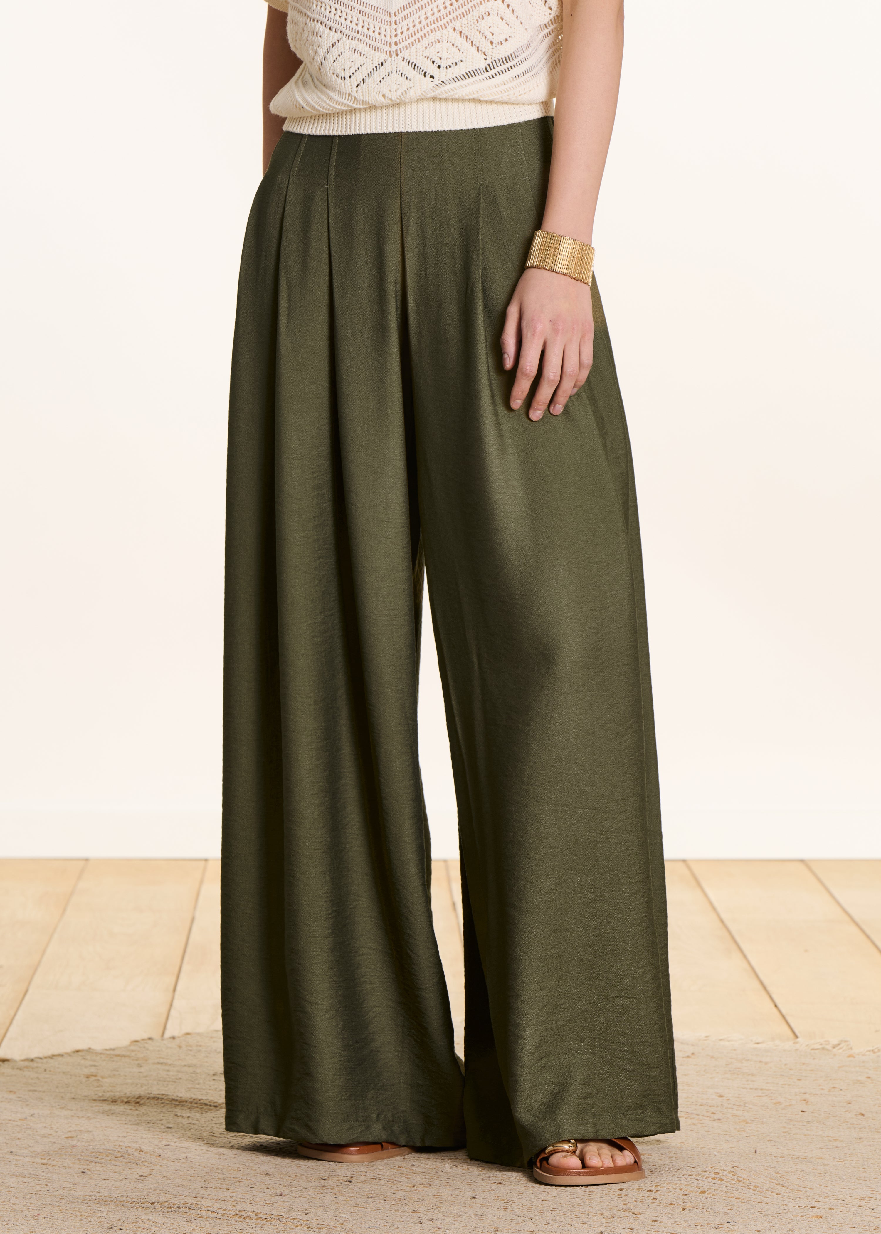 Lange kaki broek met hoge, elastische taille